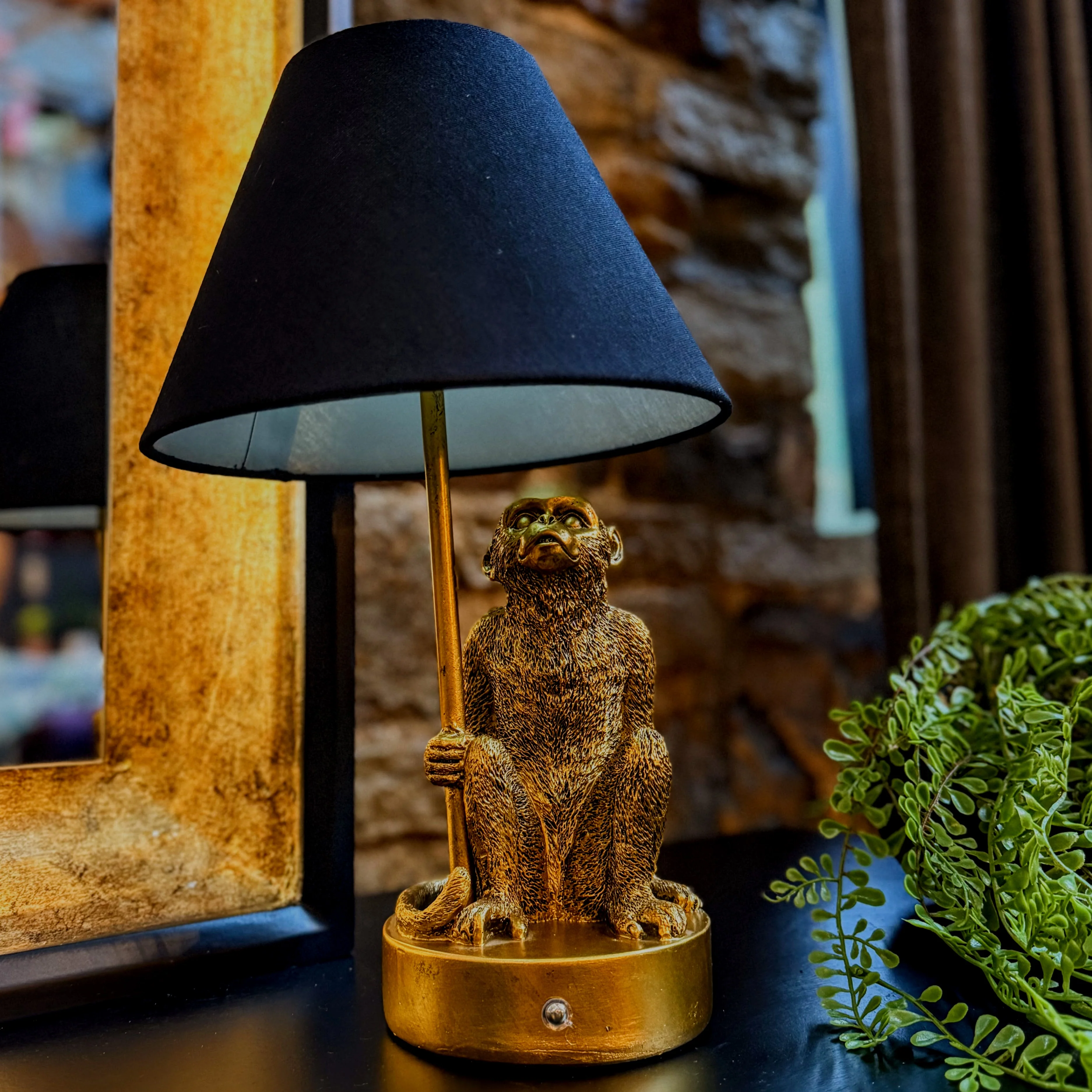 Antique Gold Monkey Table Lamp with Black Shade - Image 3