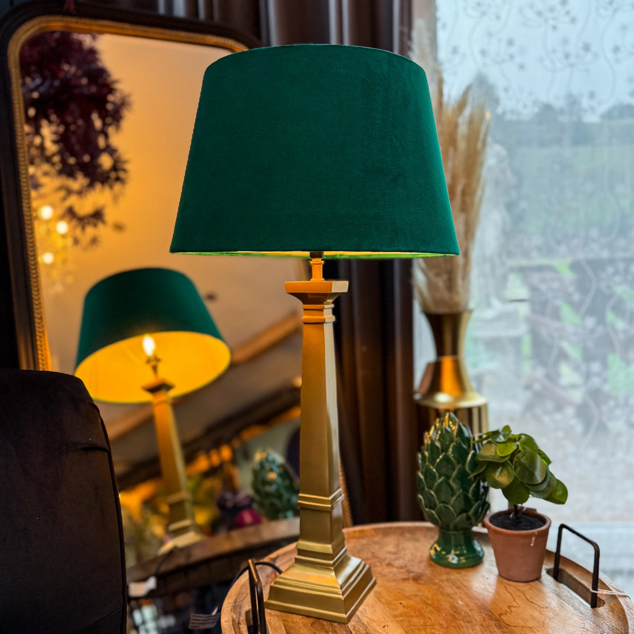 Brass Lamp with Emerald Green Velvet Shade - Clearance