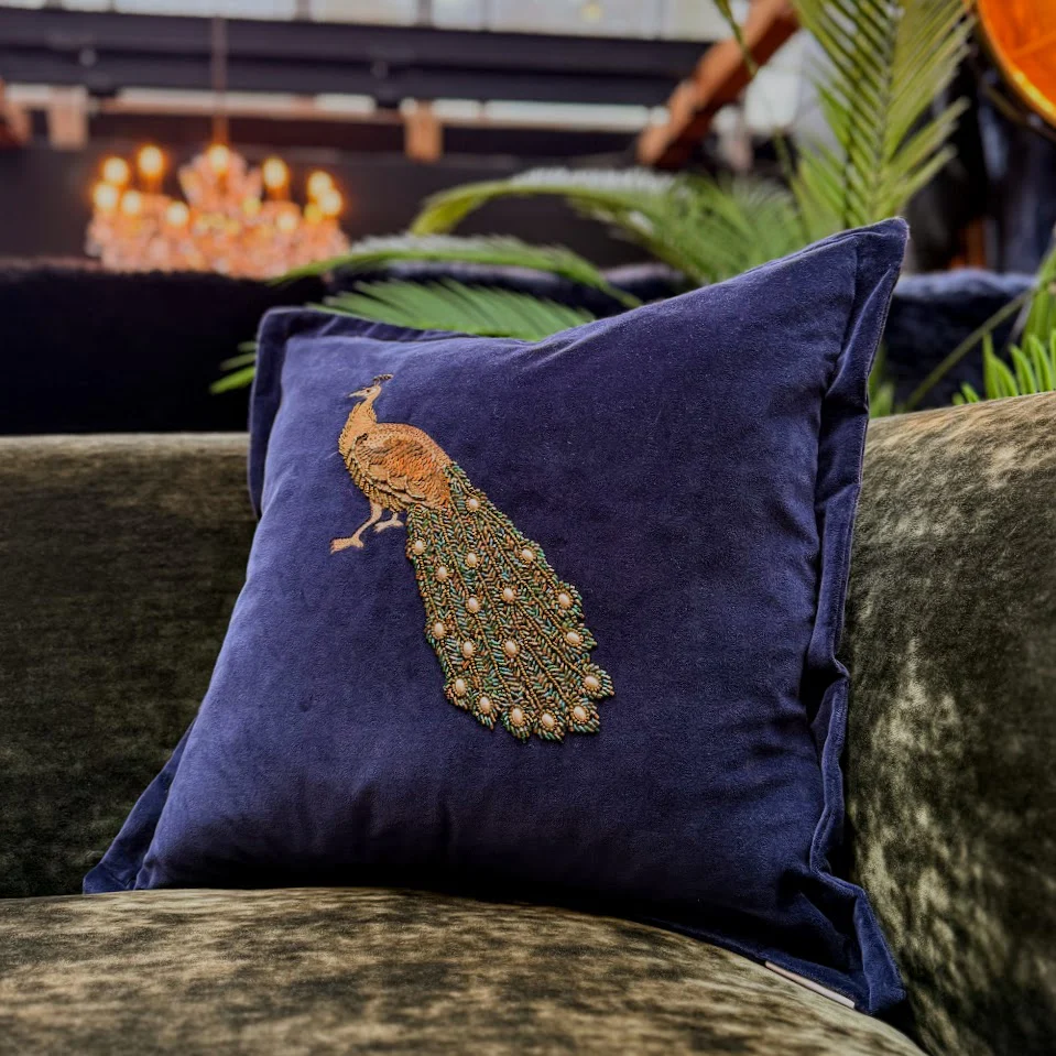 Cushion in Embroidered Peacock - Image 3