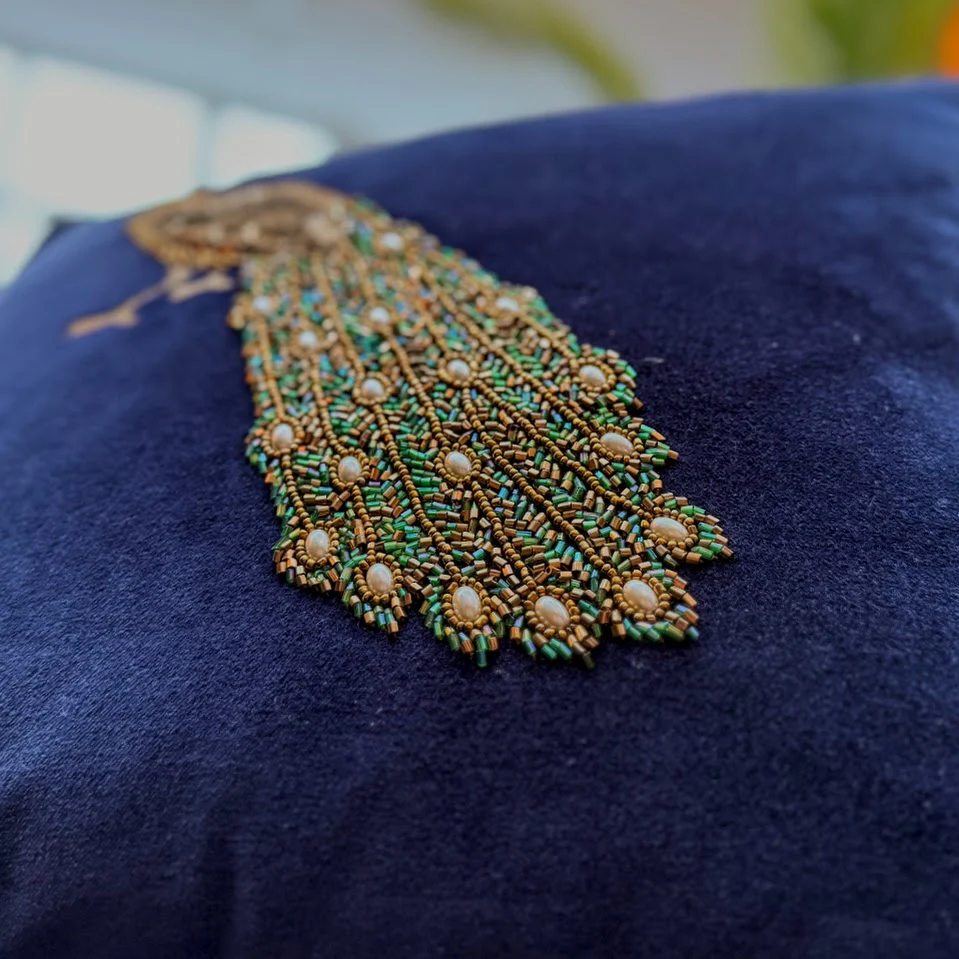 Cushion in Embroidered Peacock - Image 4