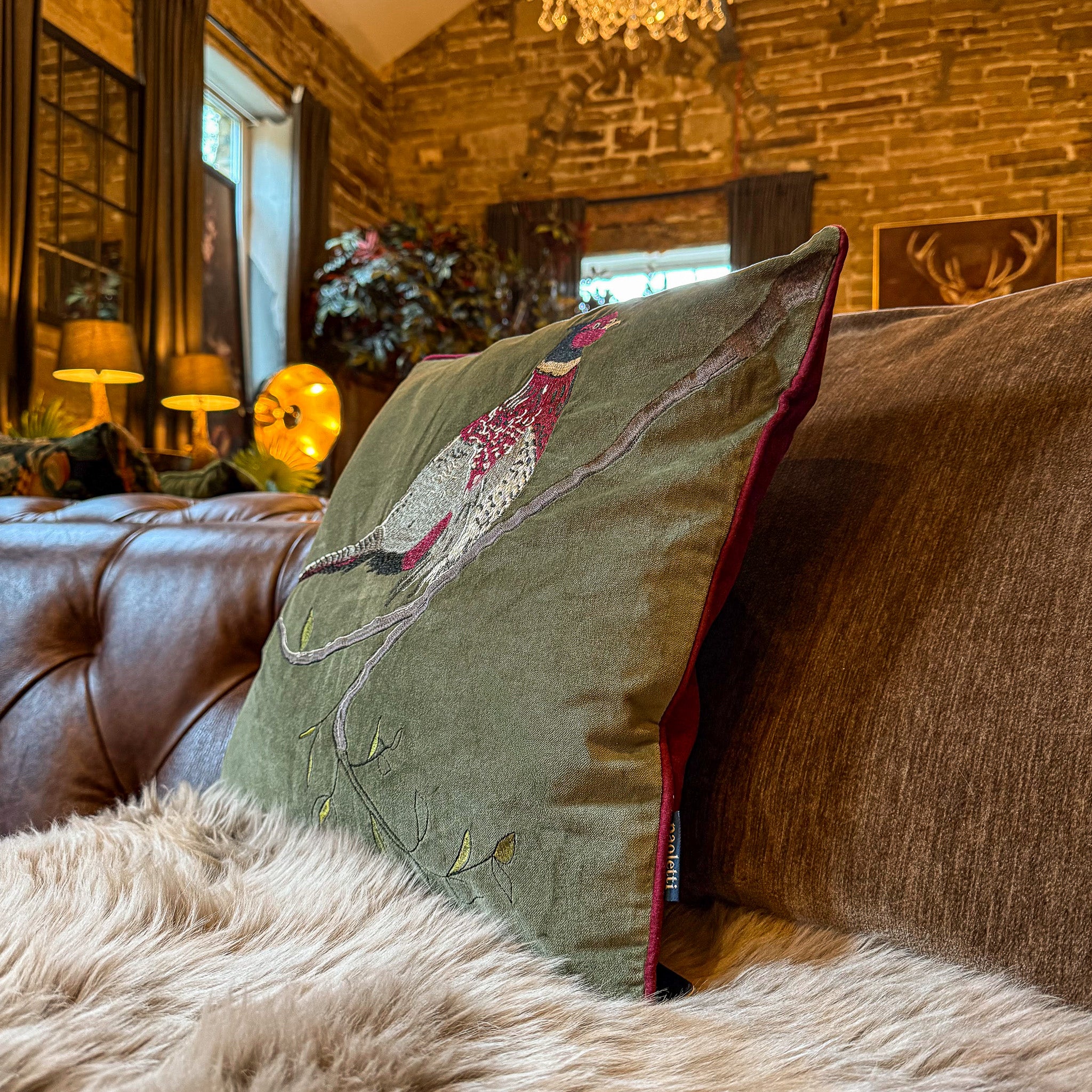 Cushion Pheasant in Hunter Green Velvet - Image 3