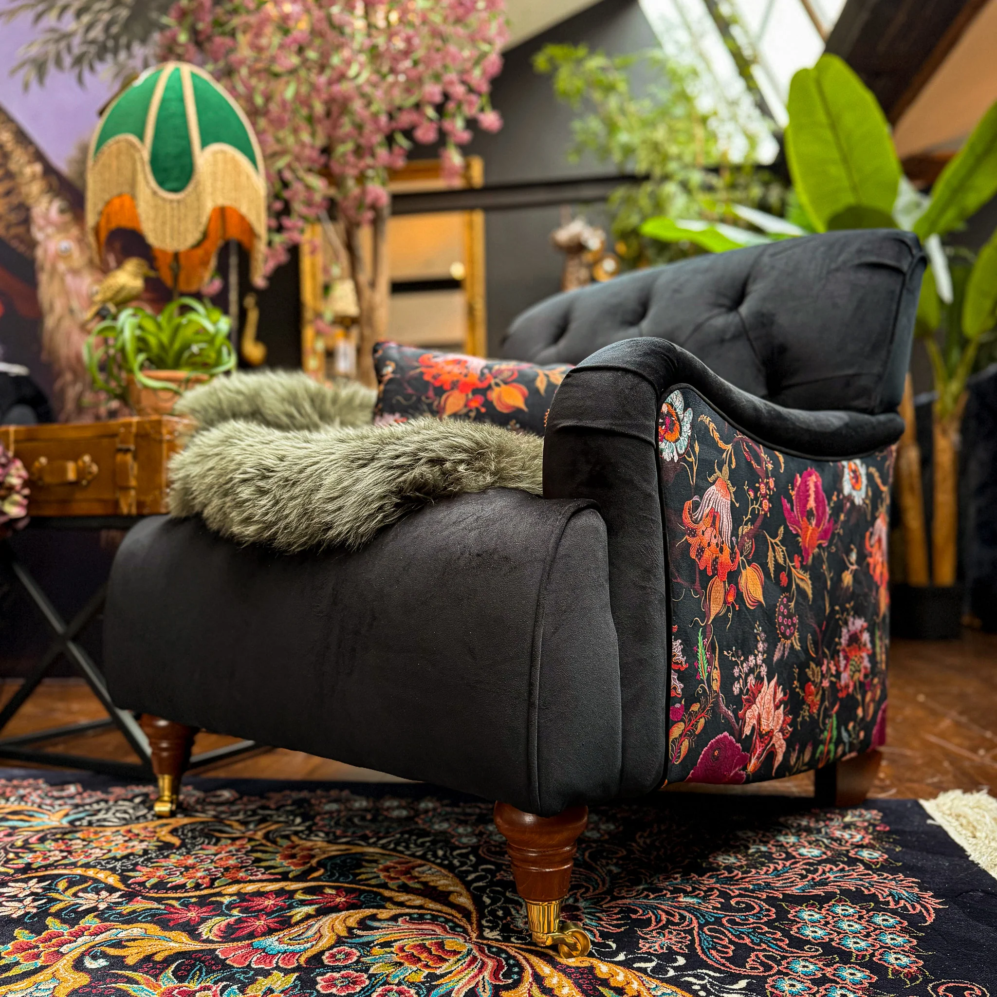 Eaton Chesterfield Armchair in Black Ebony & Fantasia Floral Velvet