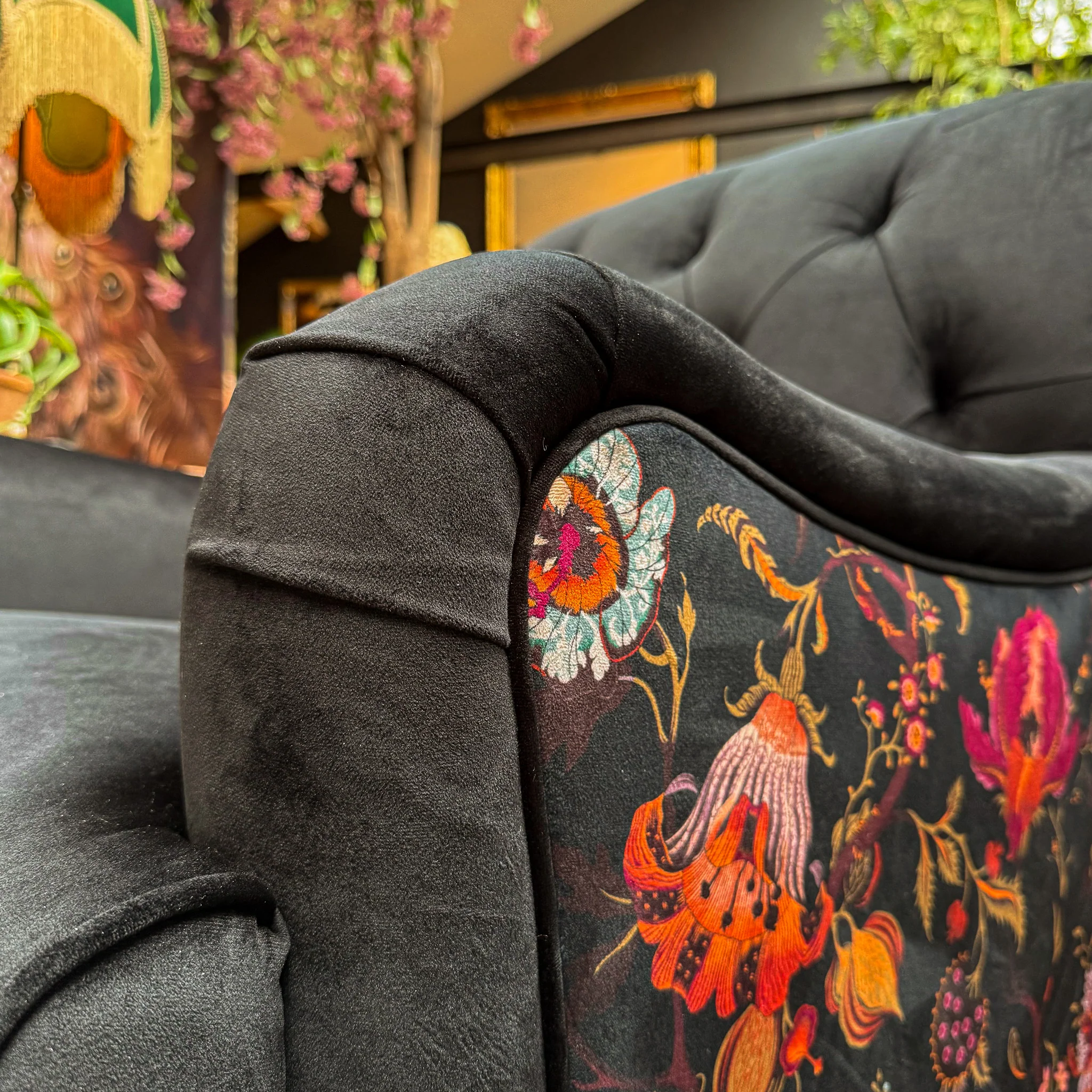 Eaton Chesterfield Armchair in Black Ebony & Fantasia Floral Velvet - Image 7