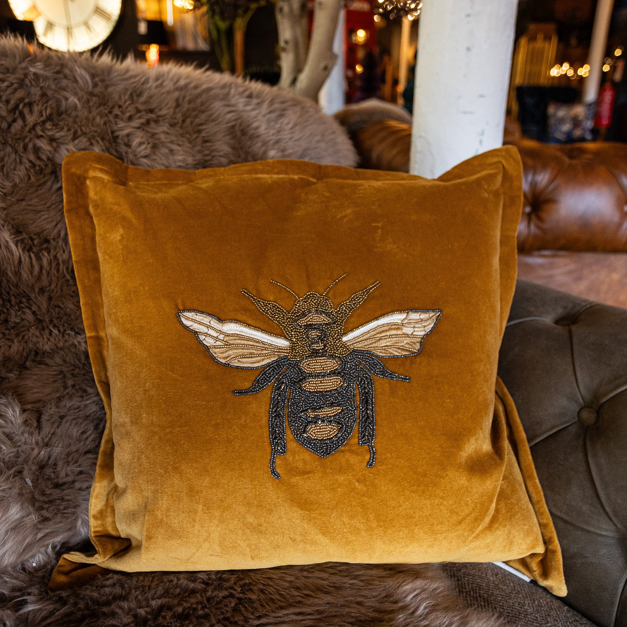 Embroidered Bee Cushion in Yellow Mustard - Image 3