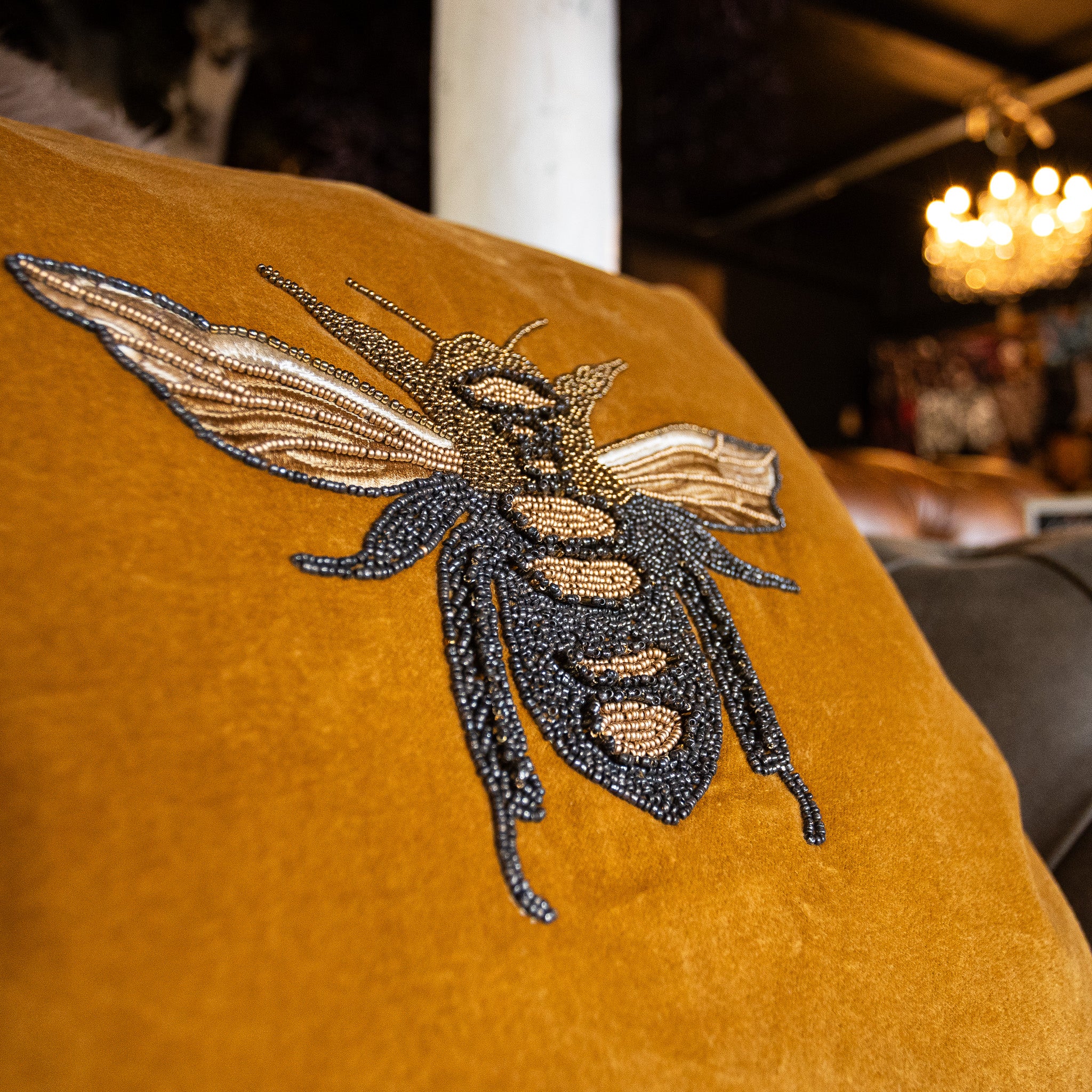 Embroidered Bee Cushion in Yellow Mustard - Image 4