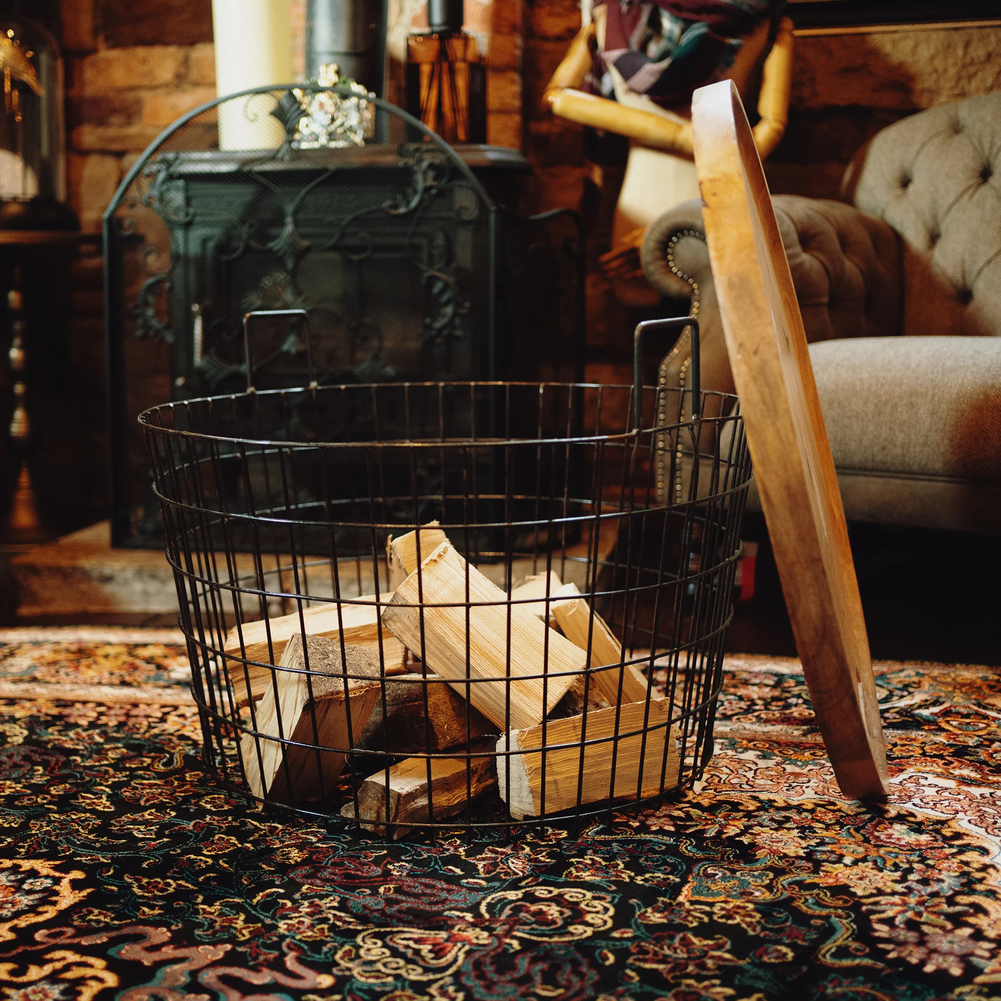 Large Wire Basket Side Table Laundry Logs - Image 3