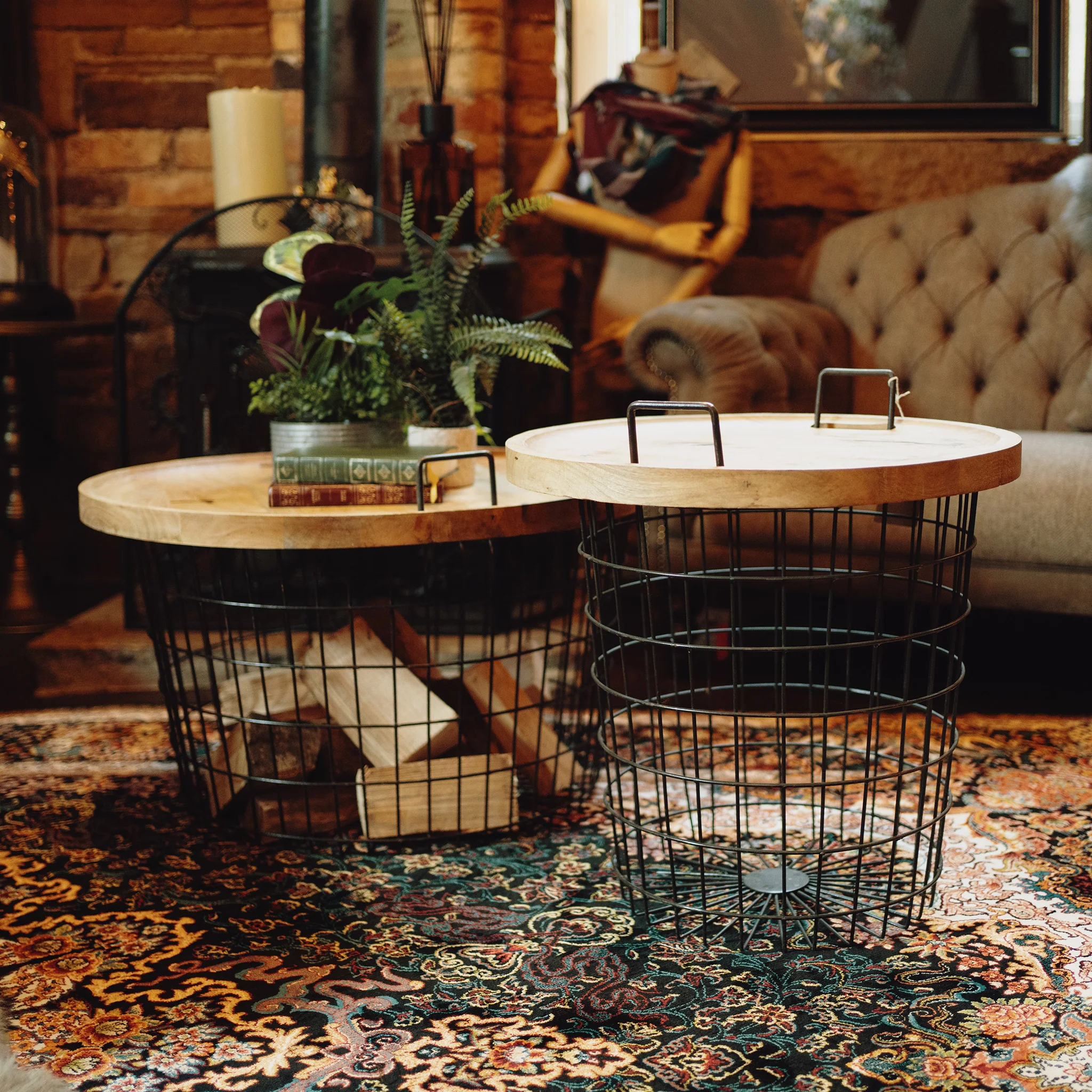 Large Wire Basket Side Table Laundry Logs - Image 5