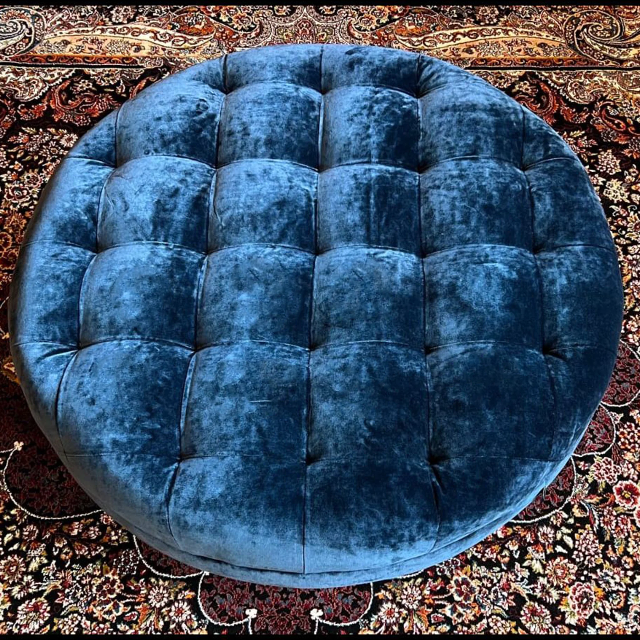 Loren Spink & Edgar Round Footstool in Orchid Sapphire Blue - Image 4