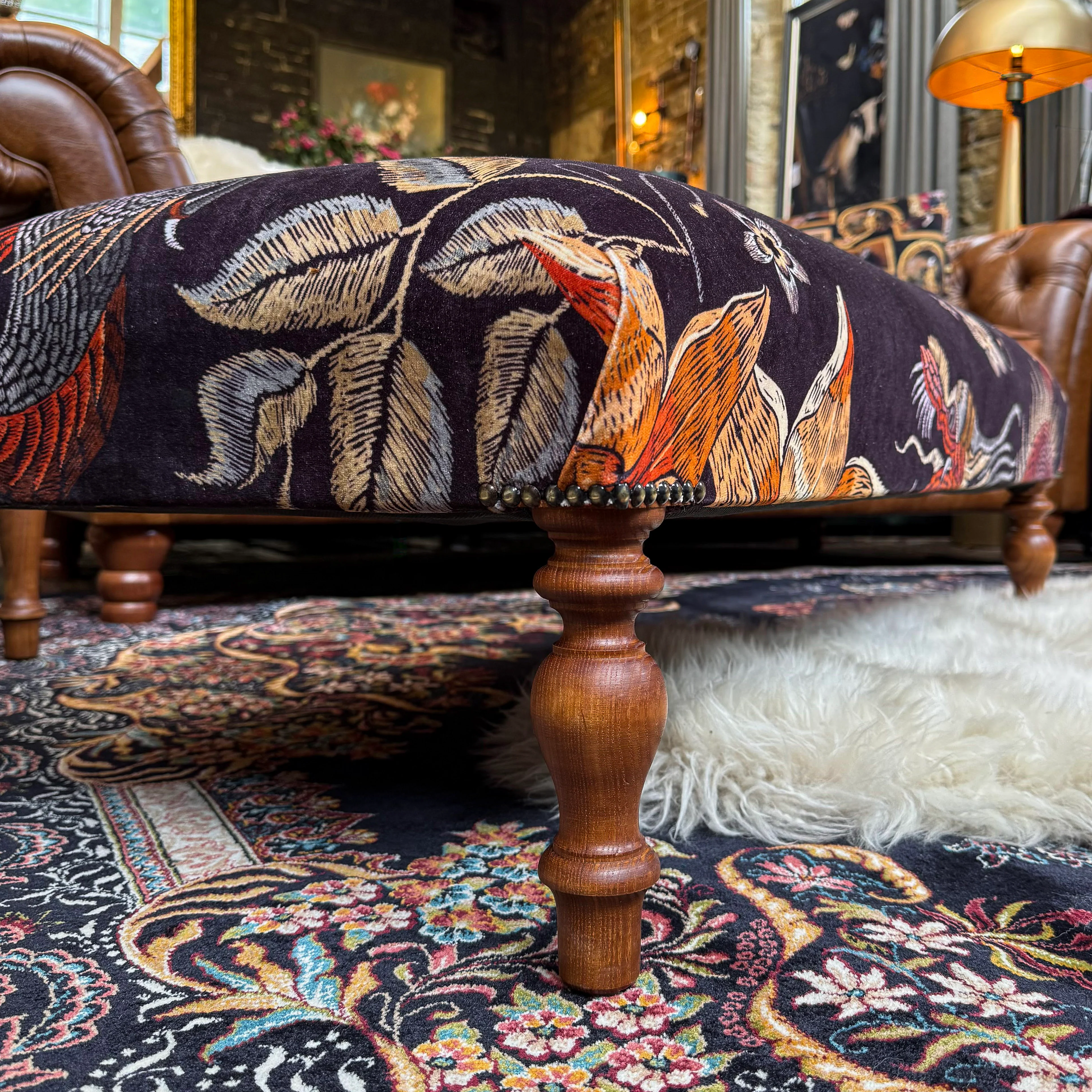 New - Selfridges Deluxe Buttoned Footstool in Imperial Phoenix Dragon Velvet - Image 3