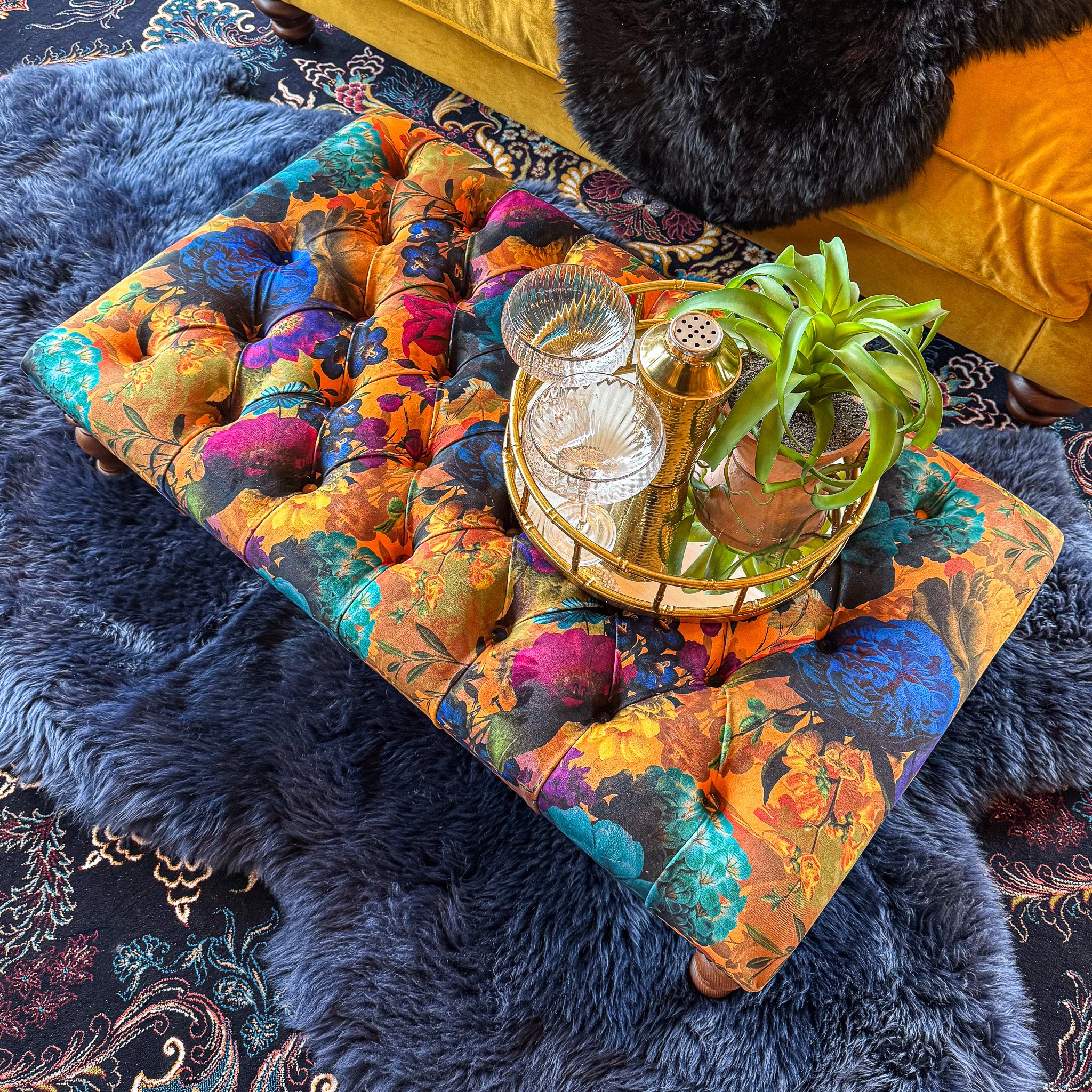New- Selfridges Deluxe Buttoned Footstool in Opal Flora - Image 3