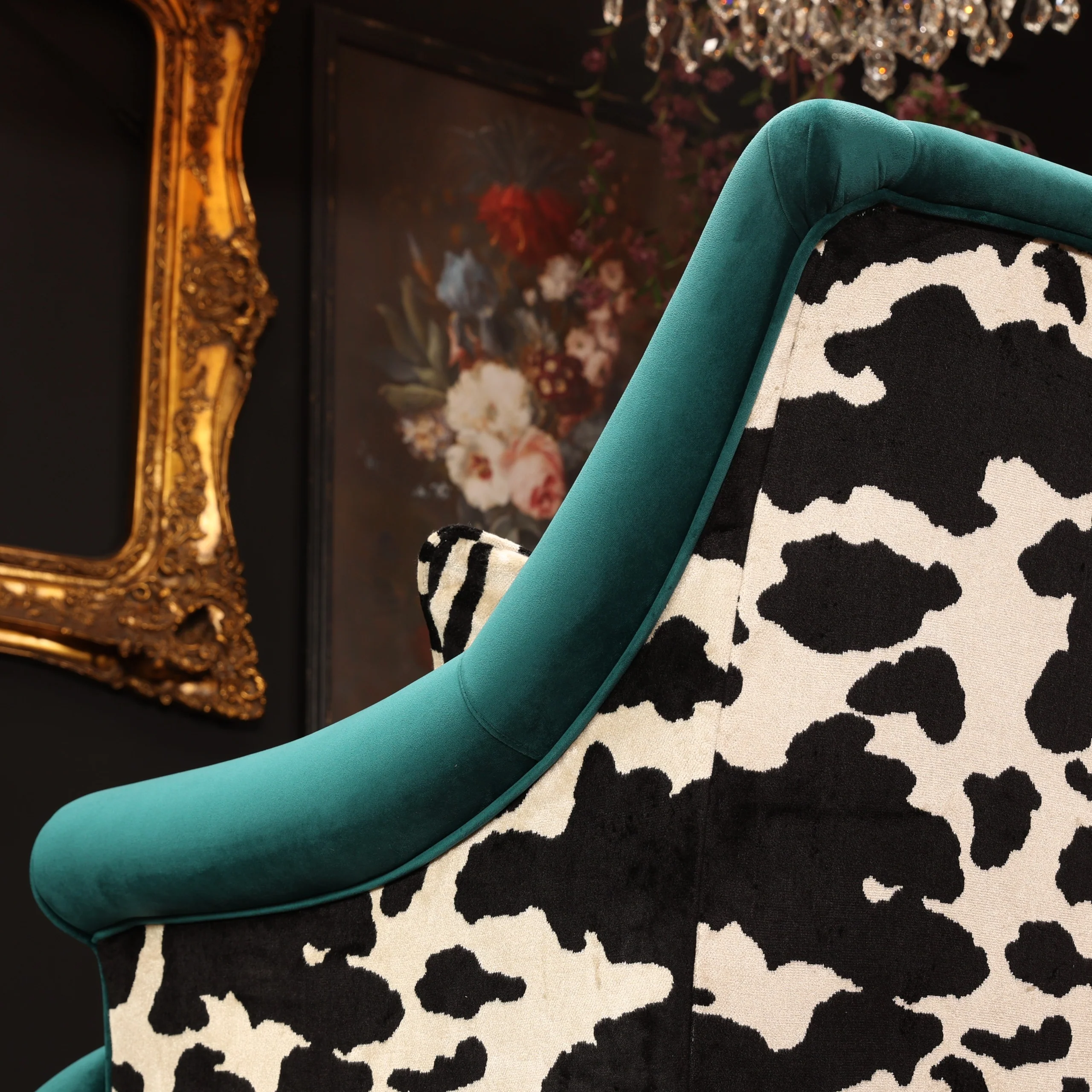 Osborn Armchair in Teal Velvet & Cow Print - Image 10
