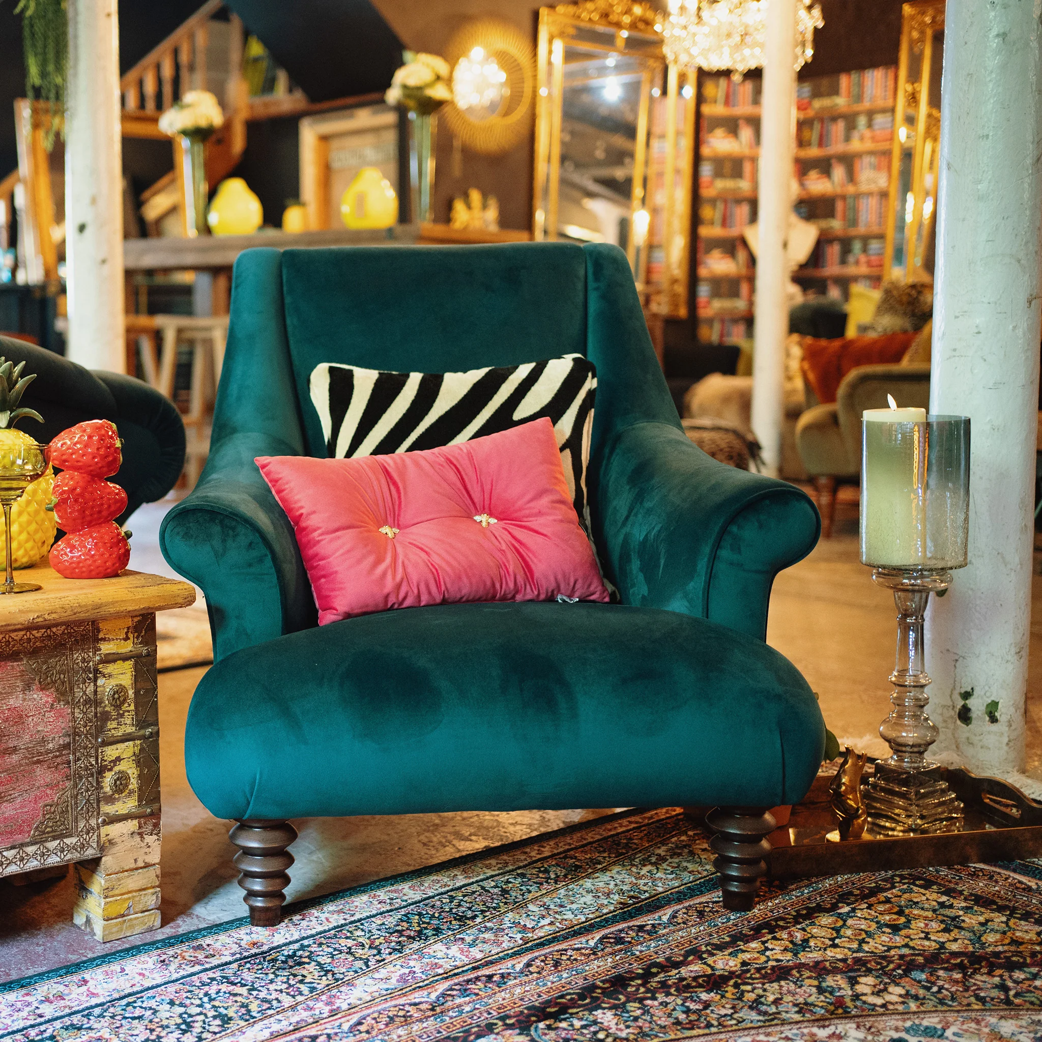 Osborn Armchair in Teal Velvet & Cow Print - Image 3