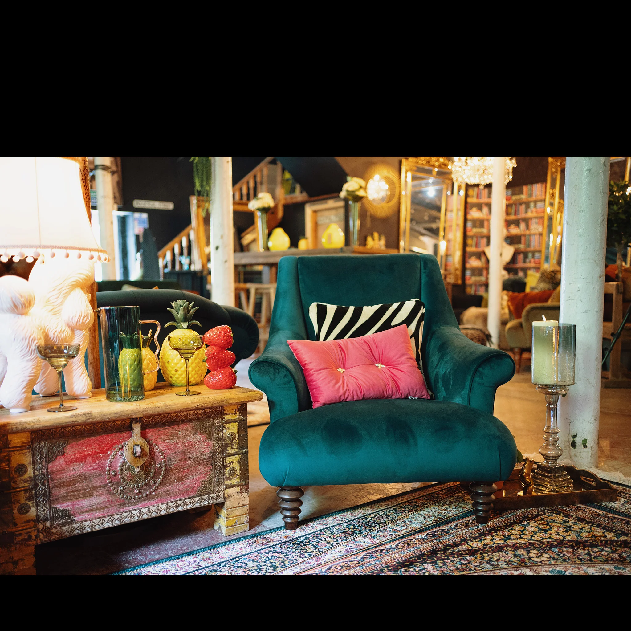 Osborn Armchair in Teal Velvet & Cow Print - Image 4