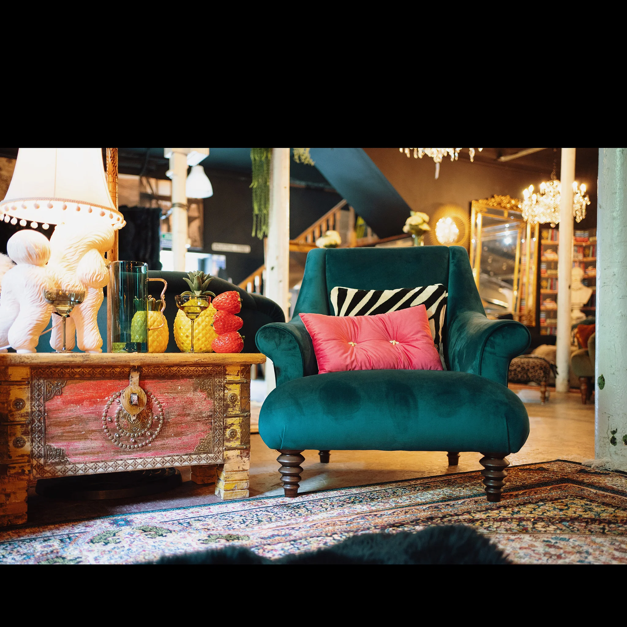 Osborn Armchair in Teal Velvet & Cow Print - Image 5