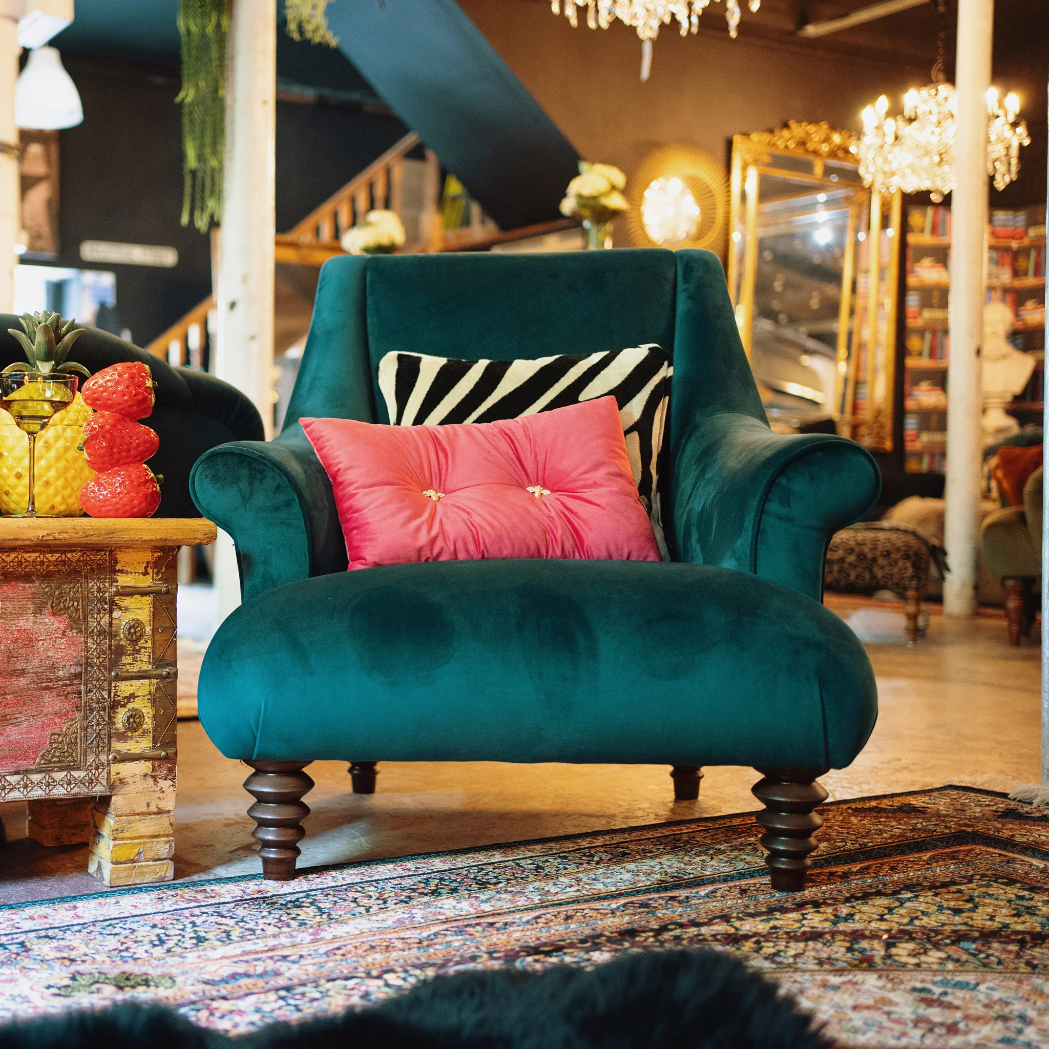 Osborn Armchair in Teal Velvet & Cow Print - Image 6