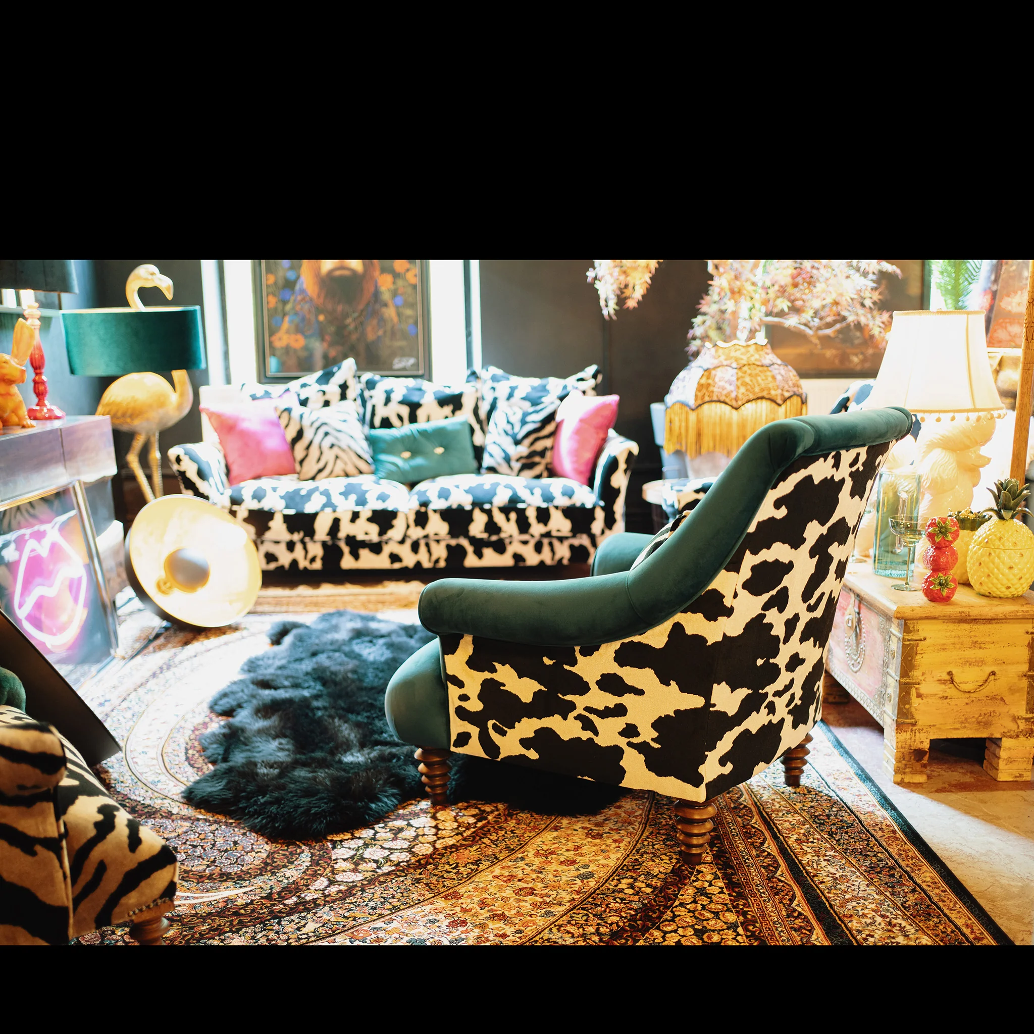 Osborn Armchair in Teal Velvet & Cow Print - Image 7