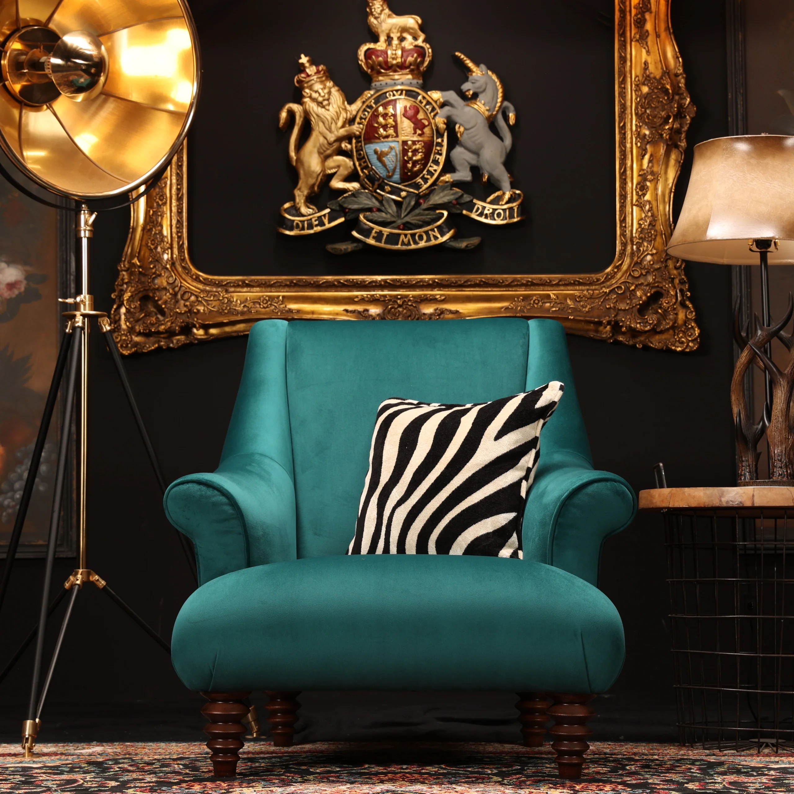 Osborn Armchair in Teal Velvet & Cow Print - Image 8