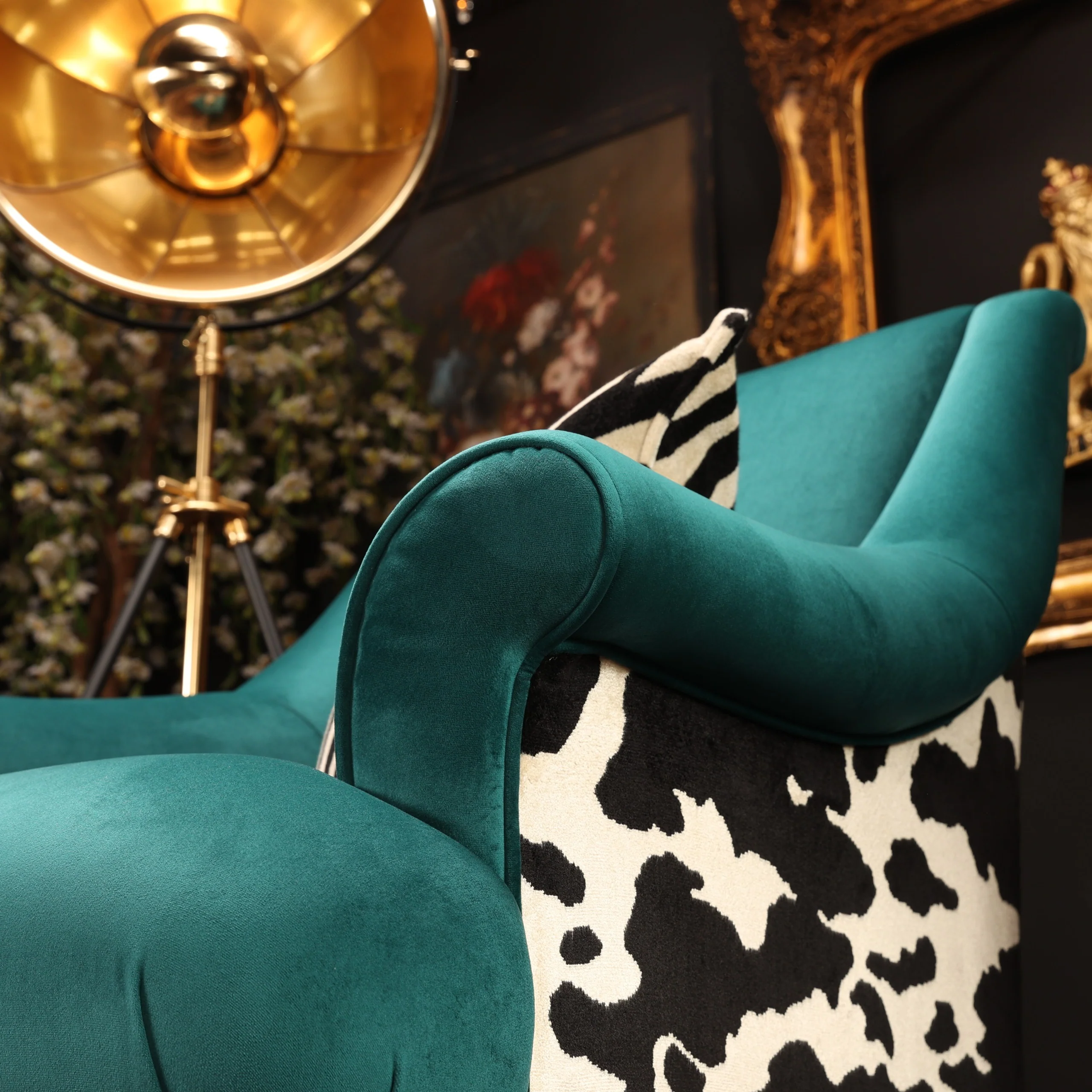 Osborn Armchair in Teal Velvet & Cow Print - Image 9