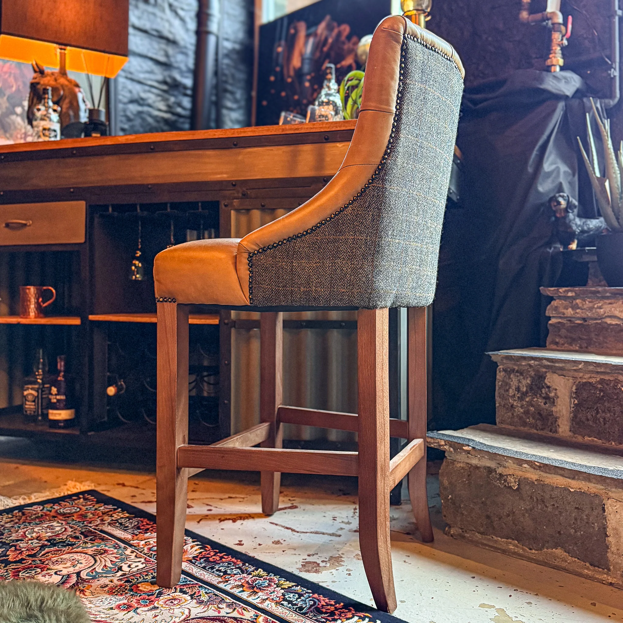 Oskar Chesterfield Bar Stool in Harris Tweed Grey & Tan Leather - Image 8