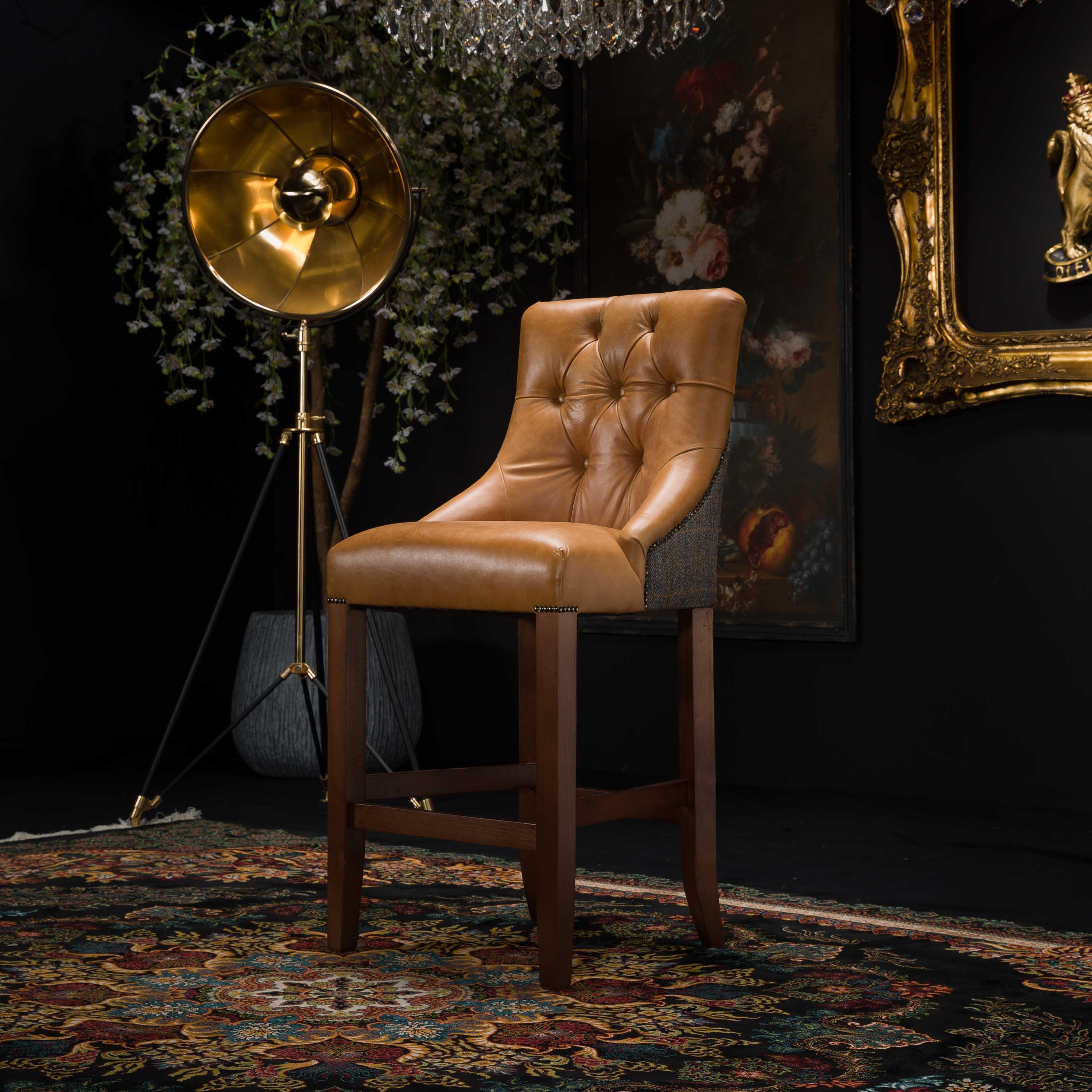 Oskar Chesterfield Bar Stool in Harris Tweed Grey & Tan Leather - Image 9