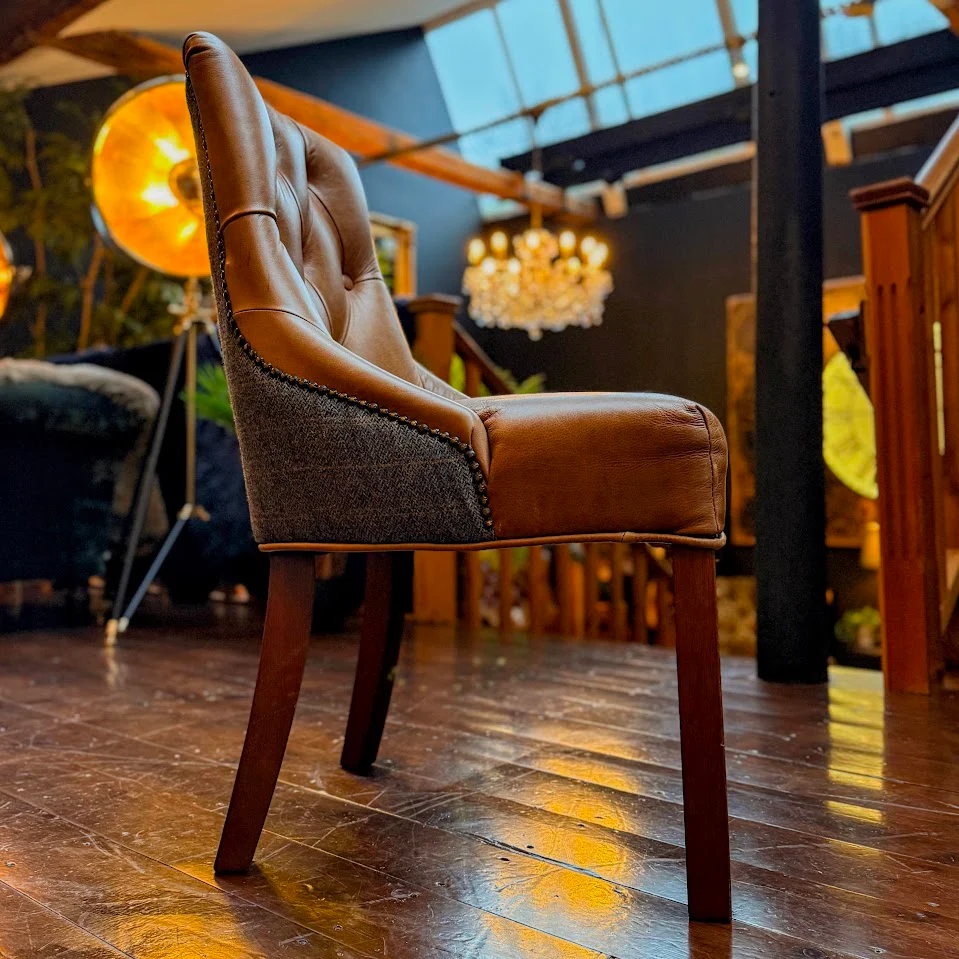 Oskar Dining Chair in Harris Tweed Grey & Tan Leather - Image 4