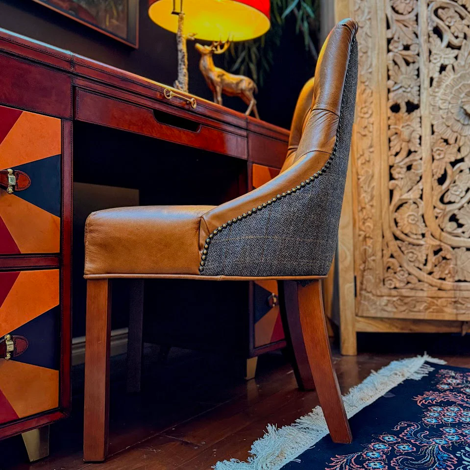 Oskar Dining Chair in Harris Tweed Grey & Tan Leather - Image 8