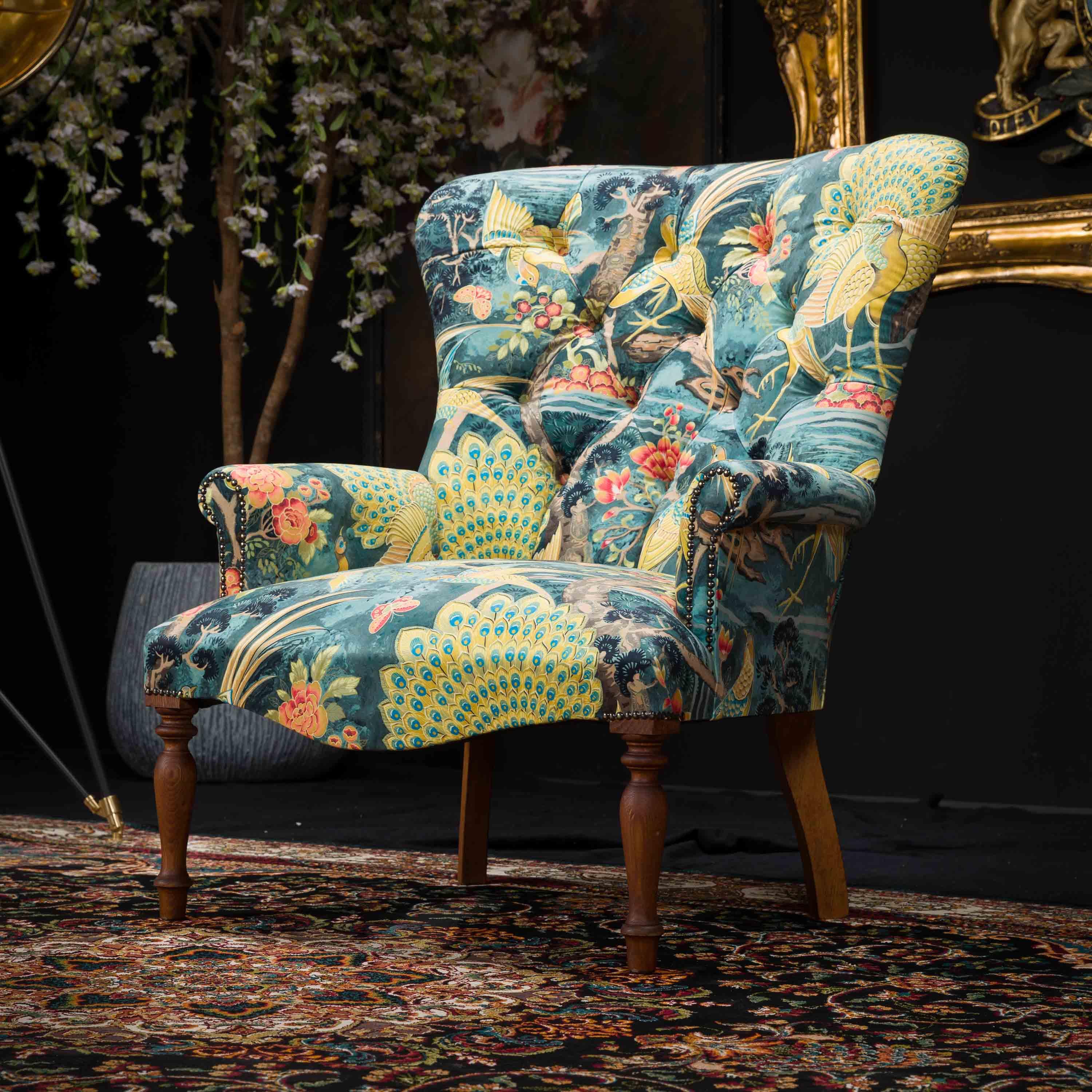 Selfridges Buttoned Wing Back Chair in Aqua Safari Peacock - Image 4