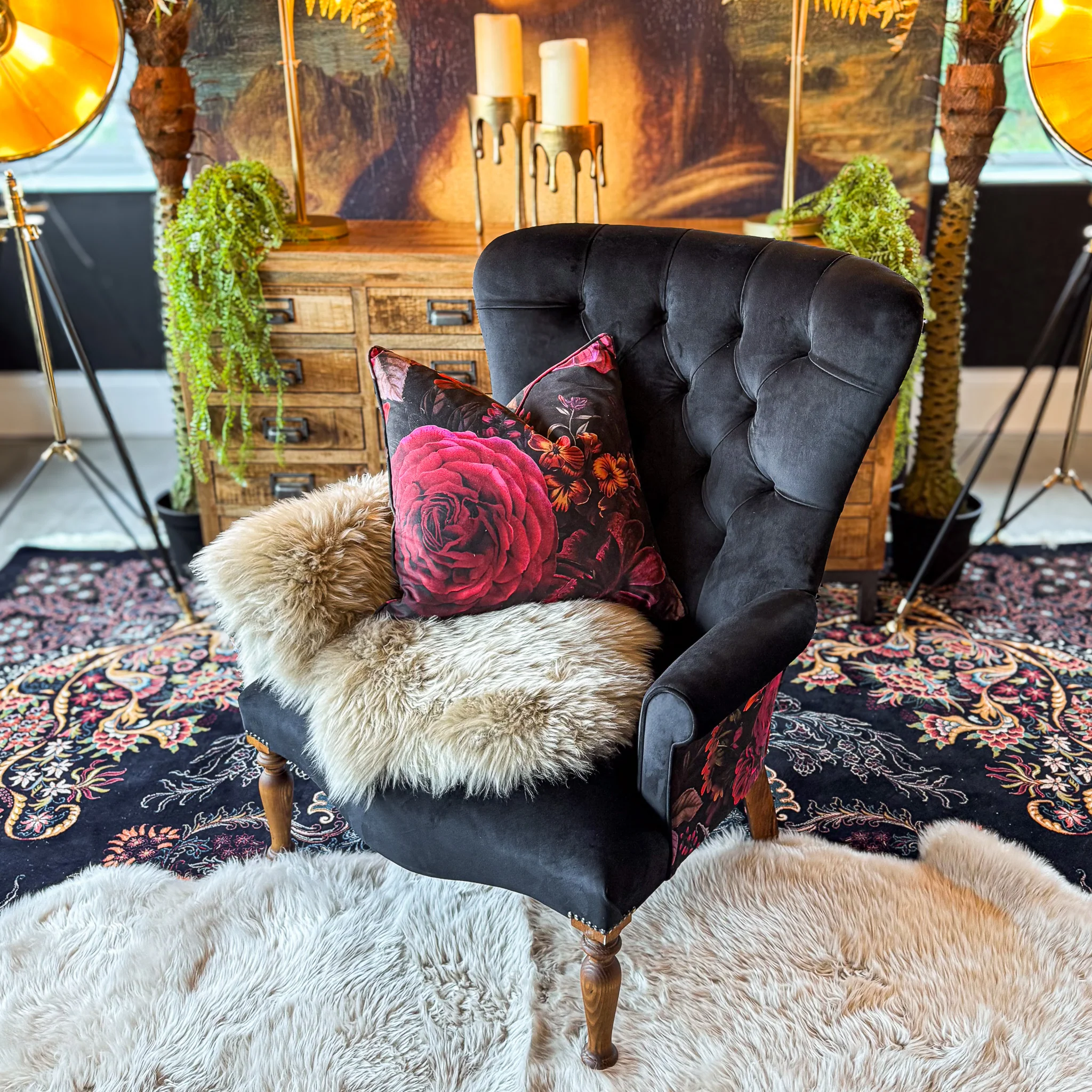Selfridges Buttoned Wing Back Chair in Plush Ebony & Midnight Haze - New - Image 3