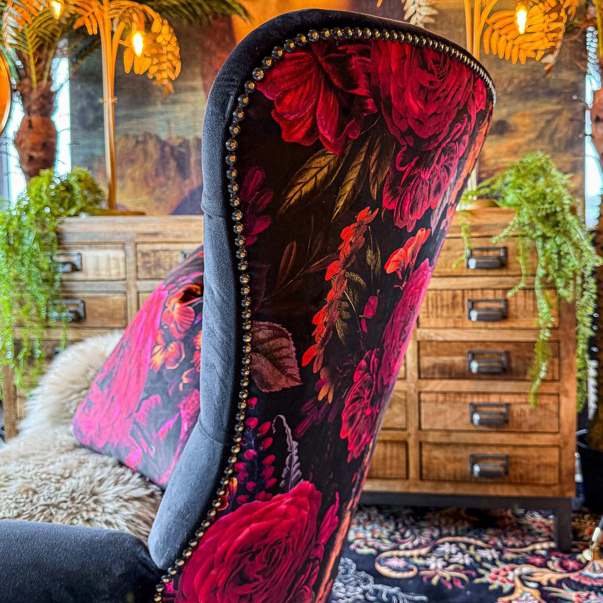 Selfridges Buttoned Wing Back Chair in Plush Ebony & Midnight Haze - New - Image 4