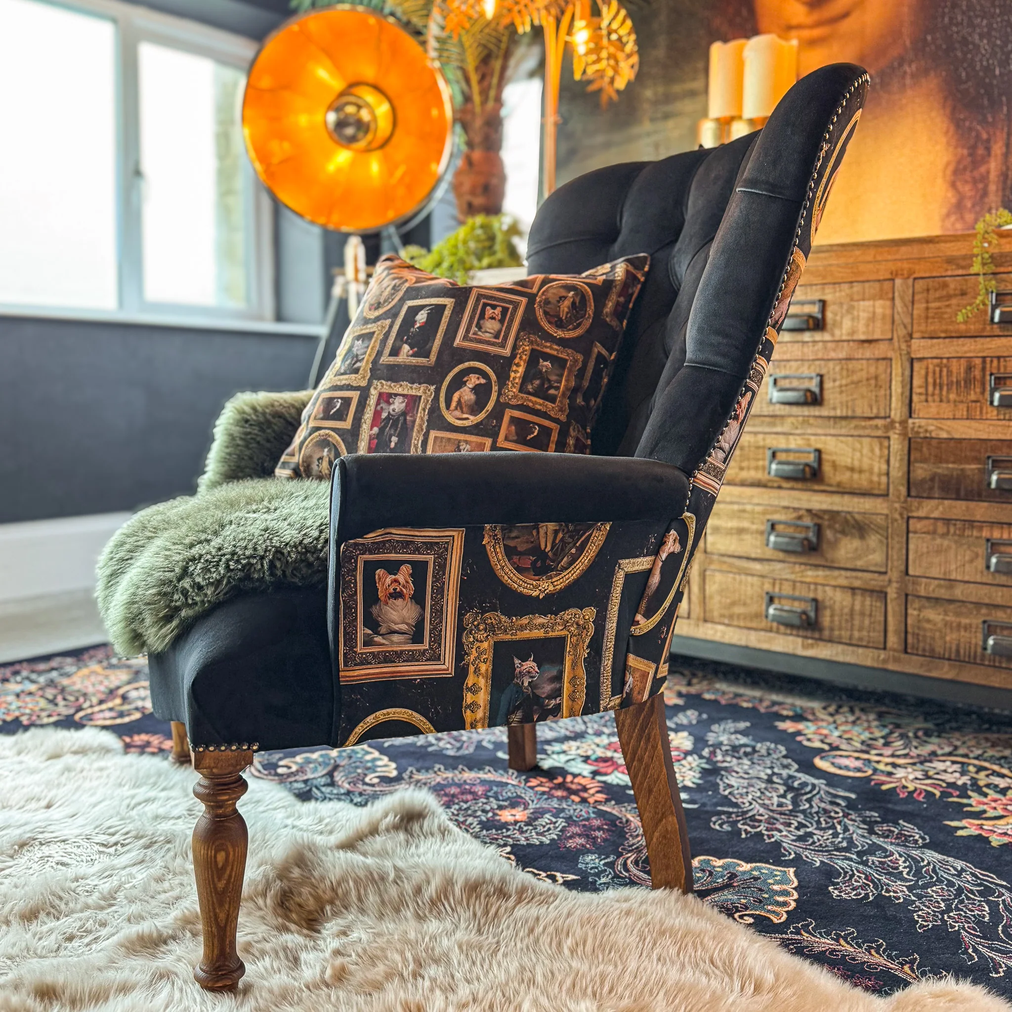 Selfridges Buttoned Wing Back Chair in Plush Ebony & Wall of Portraits - New - Image 3