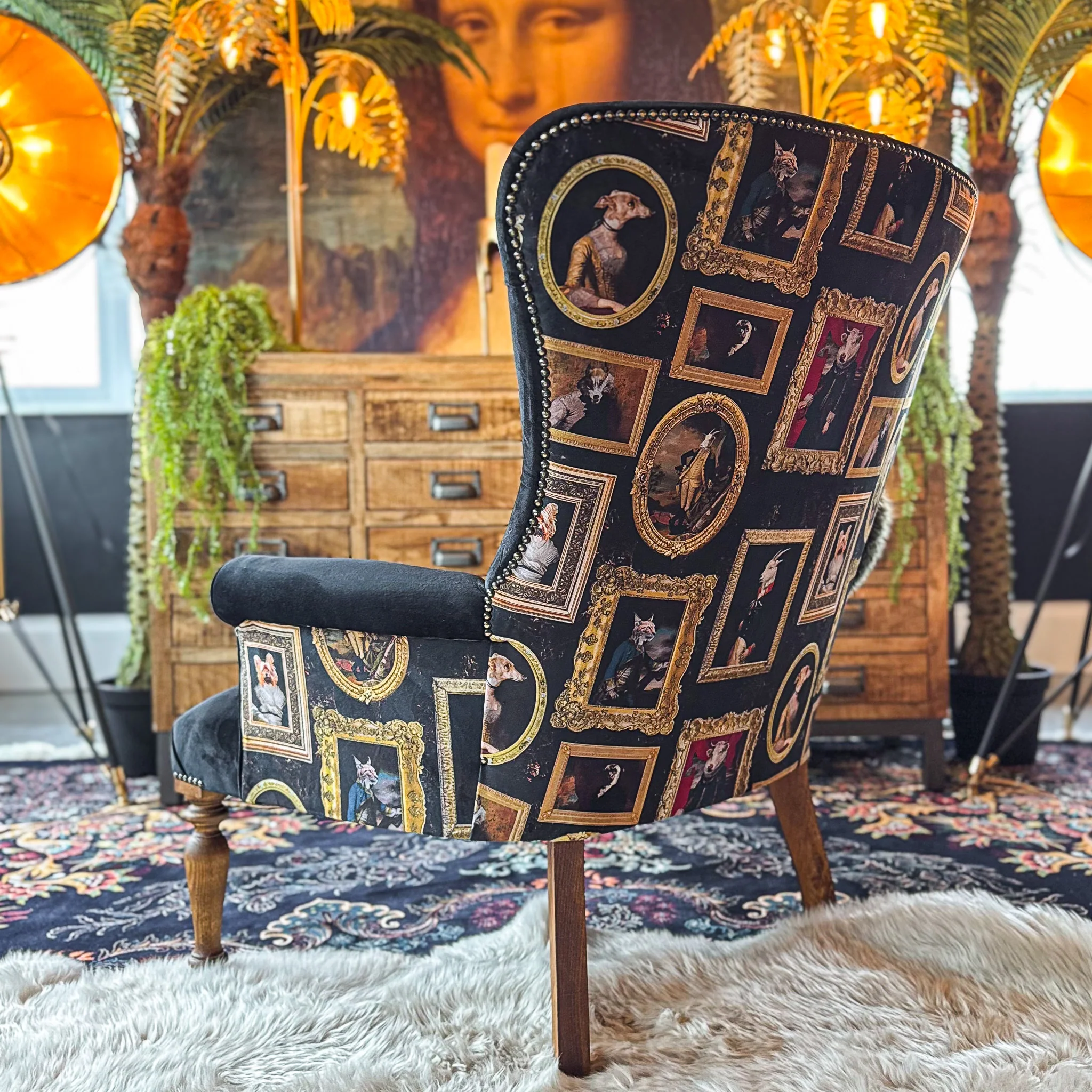 Selfridges Buttoned Wing Back Chair in Plush Ebony & Wall of Portraits - New - Image 4