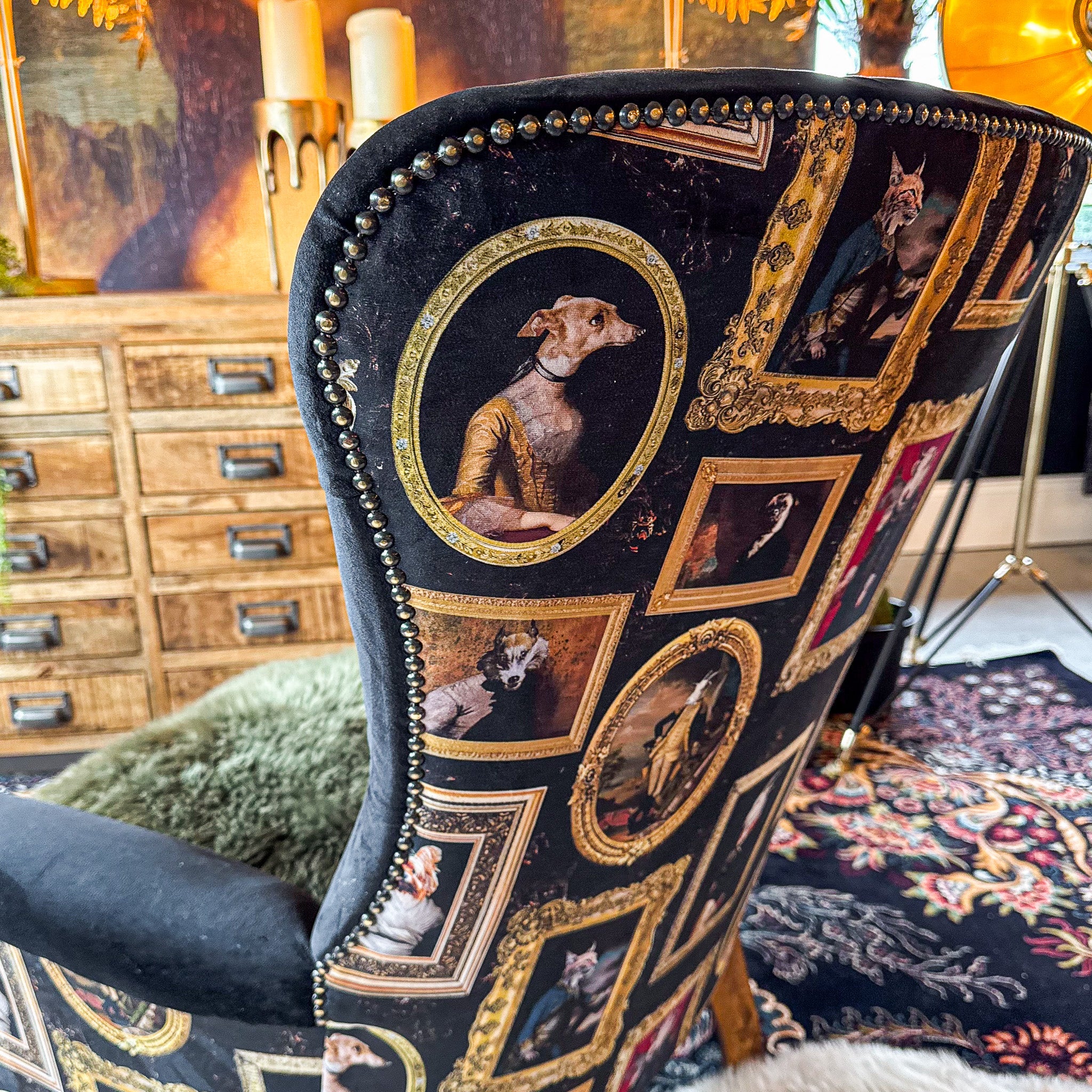 Selfridges Buttoned Wing Back Chair in Plush Ebony & Wall of Portraits - New - Image 5
