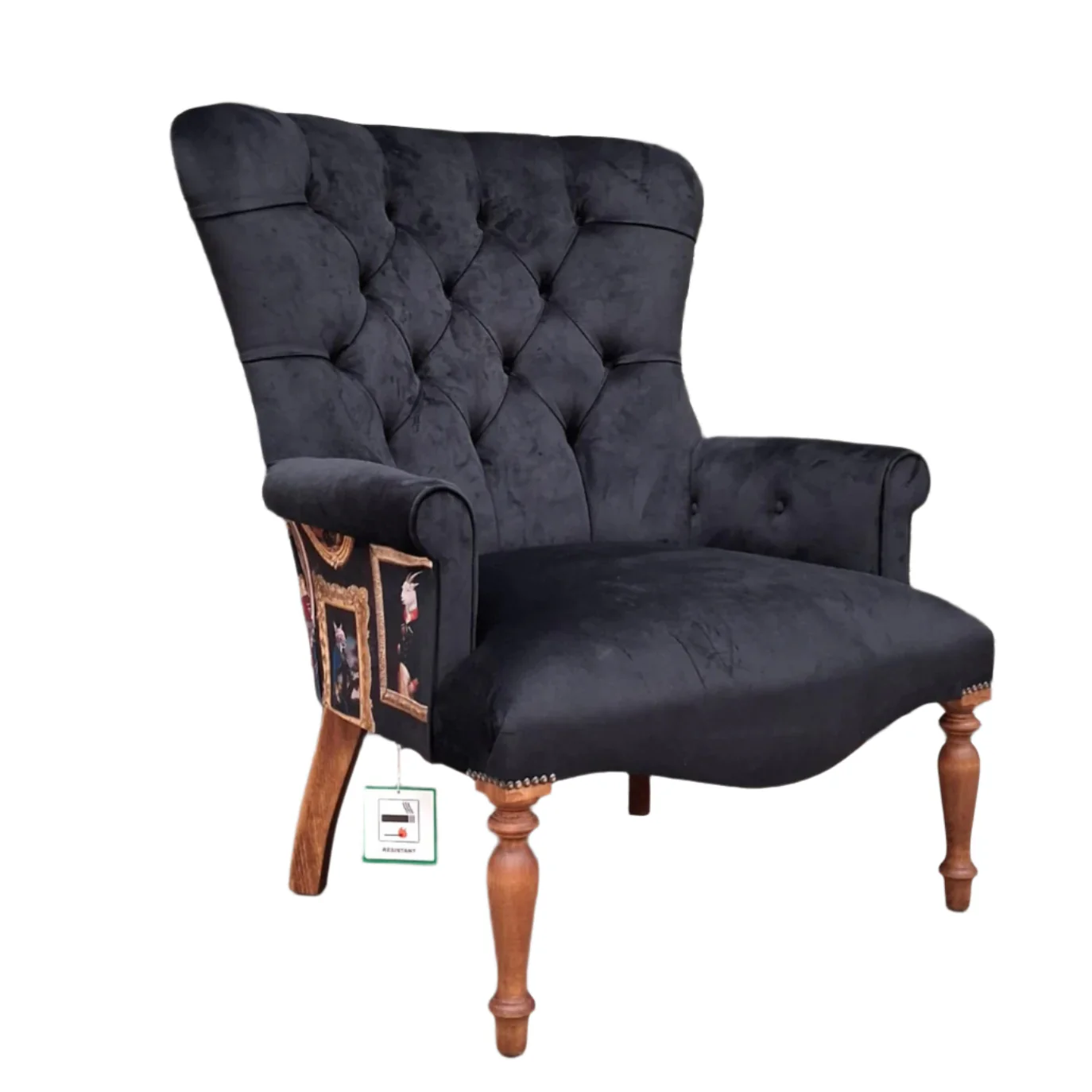Selfridges Buttoned Wing Back Chair in Plush Ebony & Wall of Portraits - New - Image 7