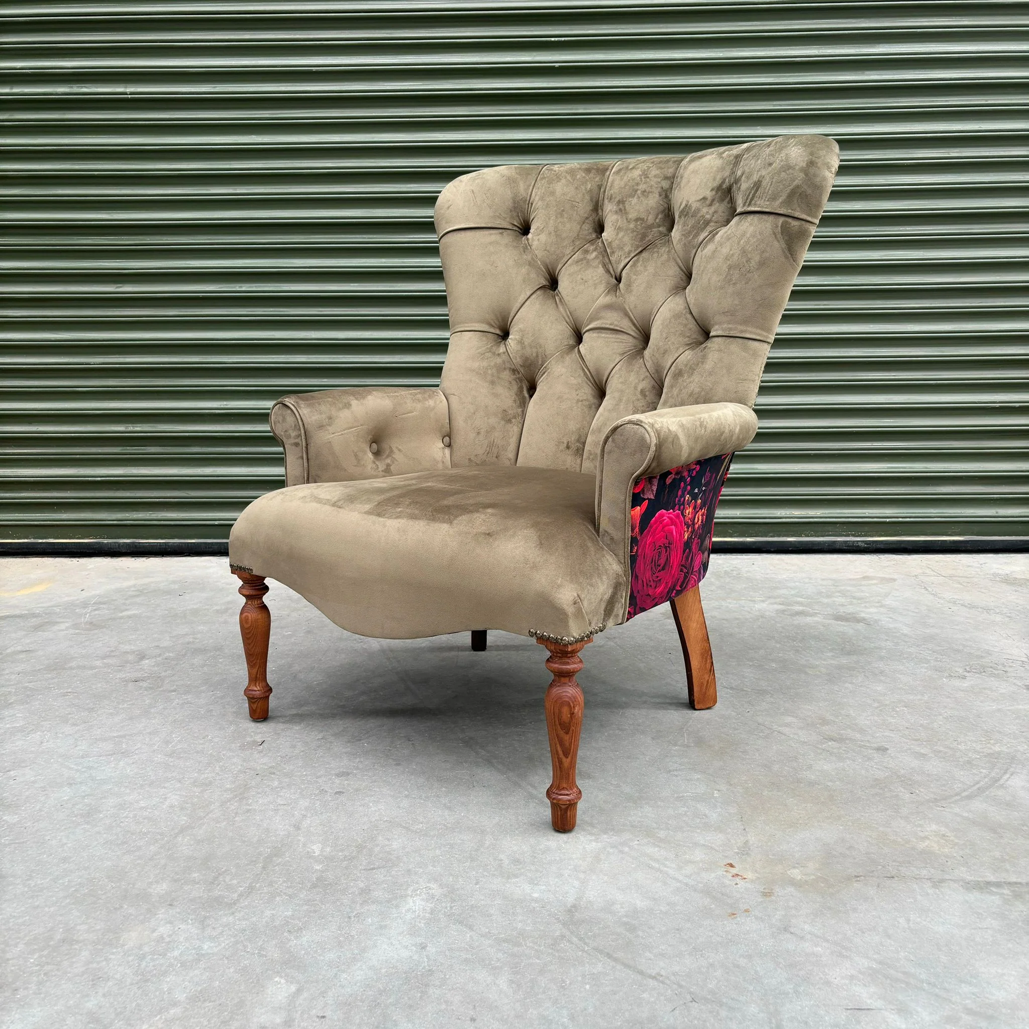 Selfridges Buttoned Wing Back Chair in Plush Khaki & Midnight Haze - Clearance - Image 3