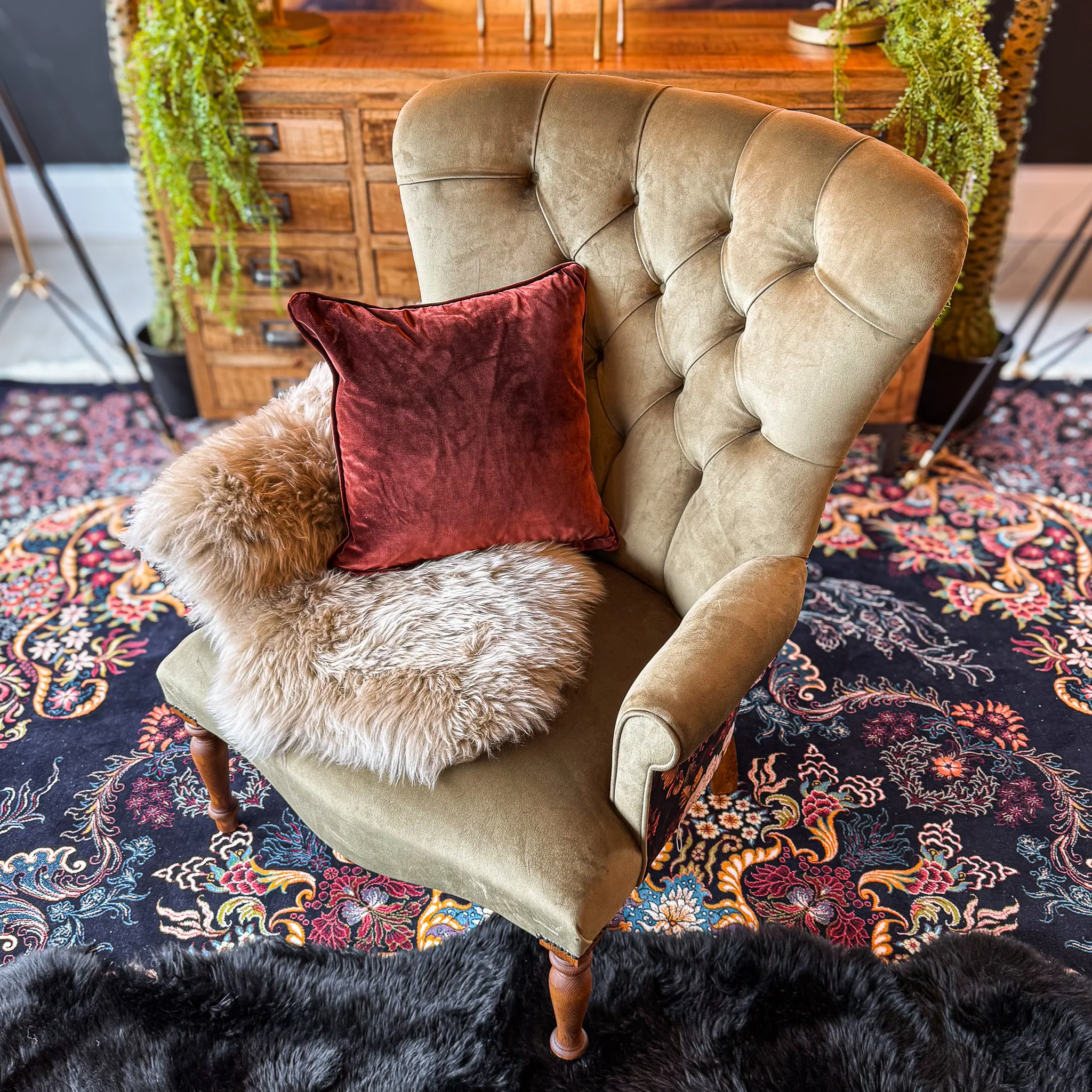 Selfridges Buttoned Wing Back Chair in Plush Khaki & Willow Dusk - New - Image 3