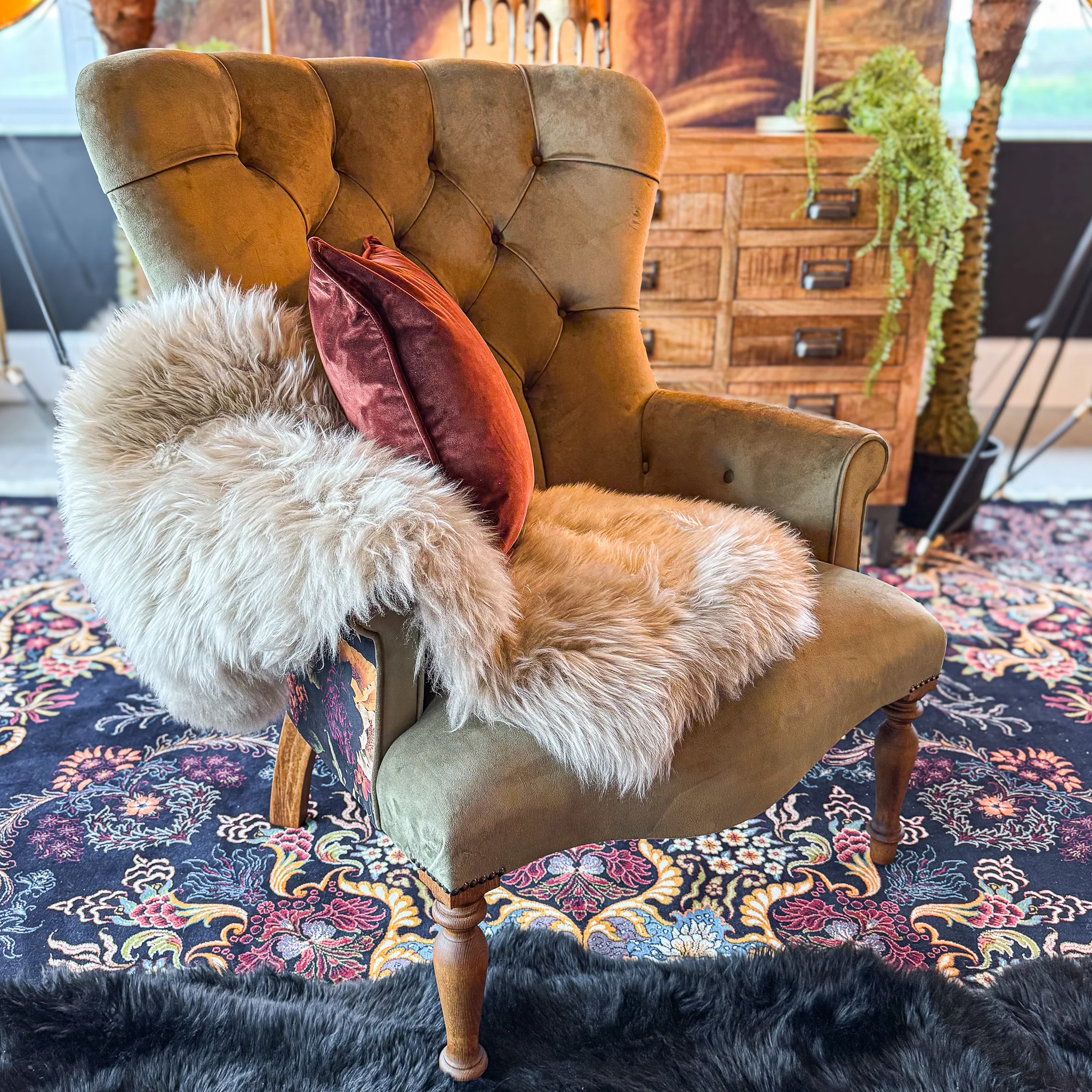 Selfridges Buttoned Wing Back Chair in Plush Khaki & Willow Dusk - New - Image 4