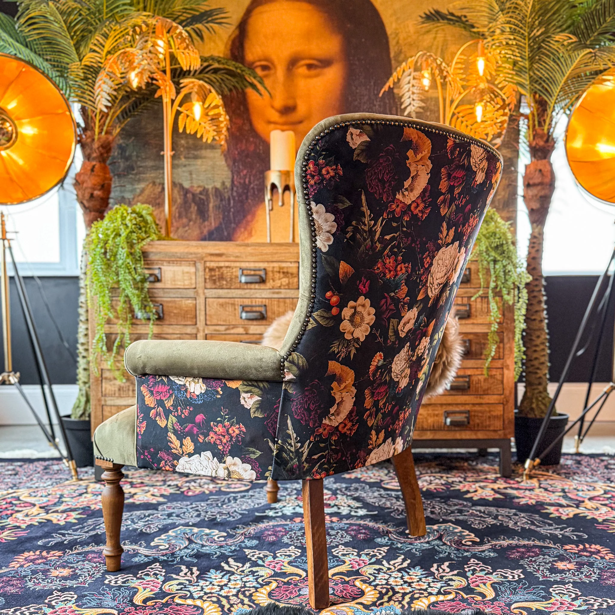 Selfridges Buttoned Wing Back Chair in Plush Khaki & Willow Dusk - New - Image 5