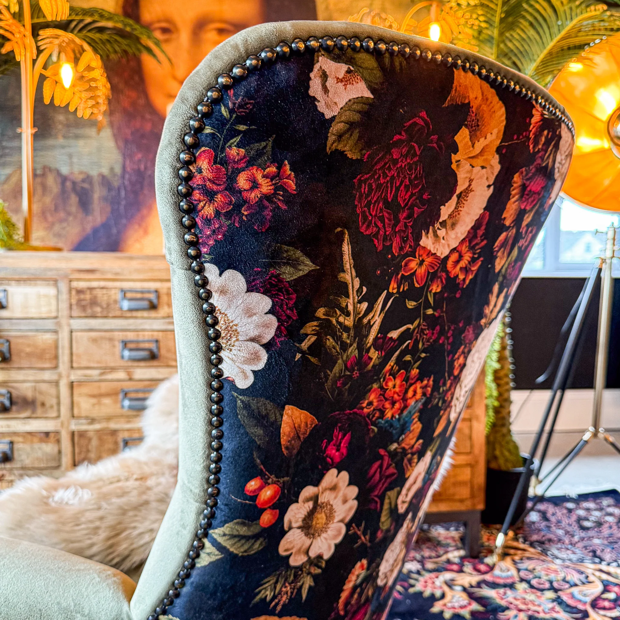 Selfridges Buttoned Wing Back Chair in Plush Khaki & Willow Dusk - New - Image 7