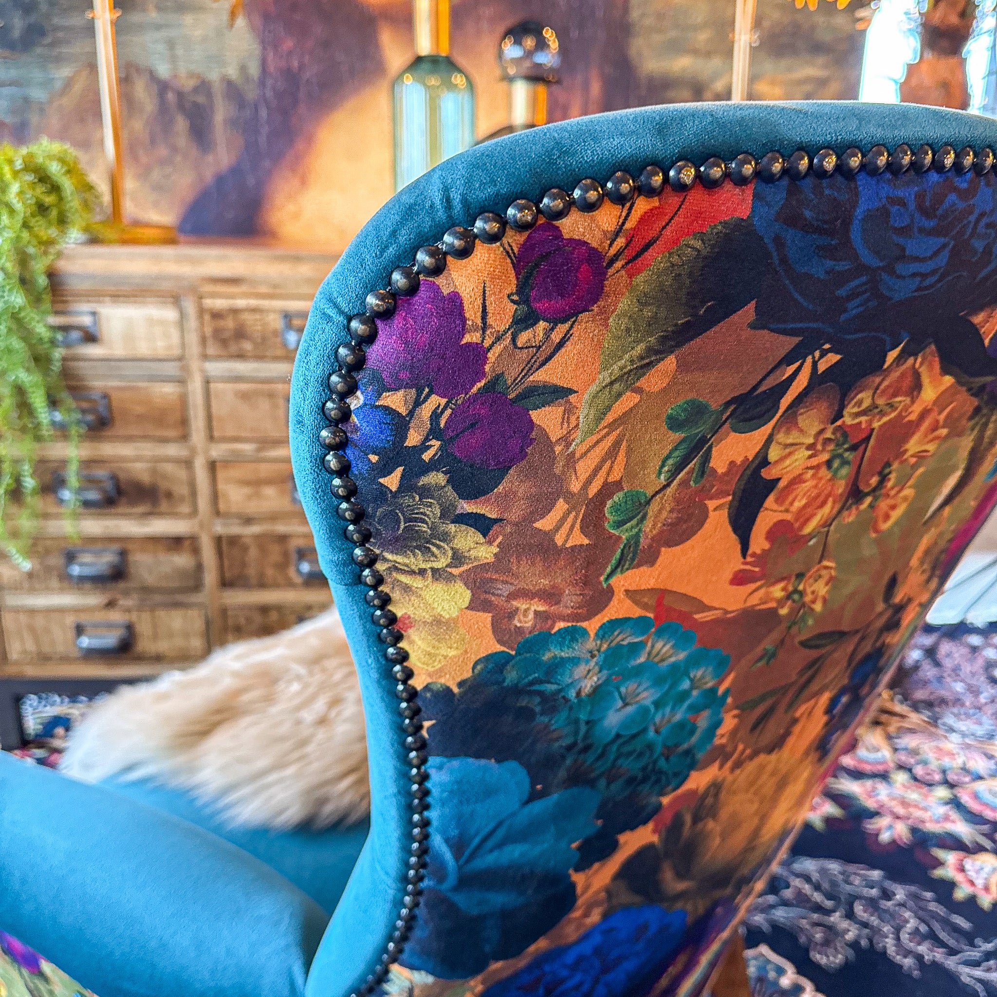 Selfridges Buttoned Wing Back Chair in Plush New Teal & Opal Flora - New - Image 4