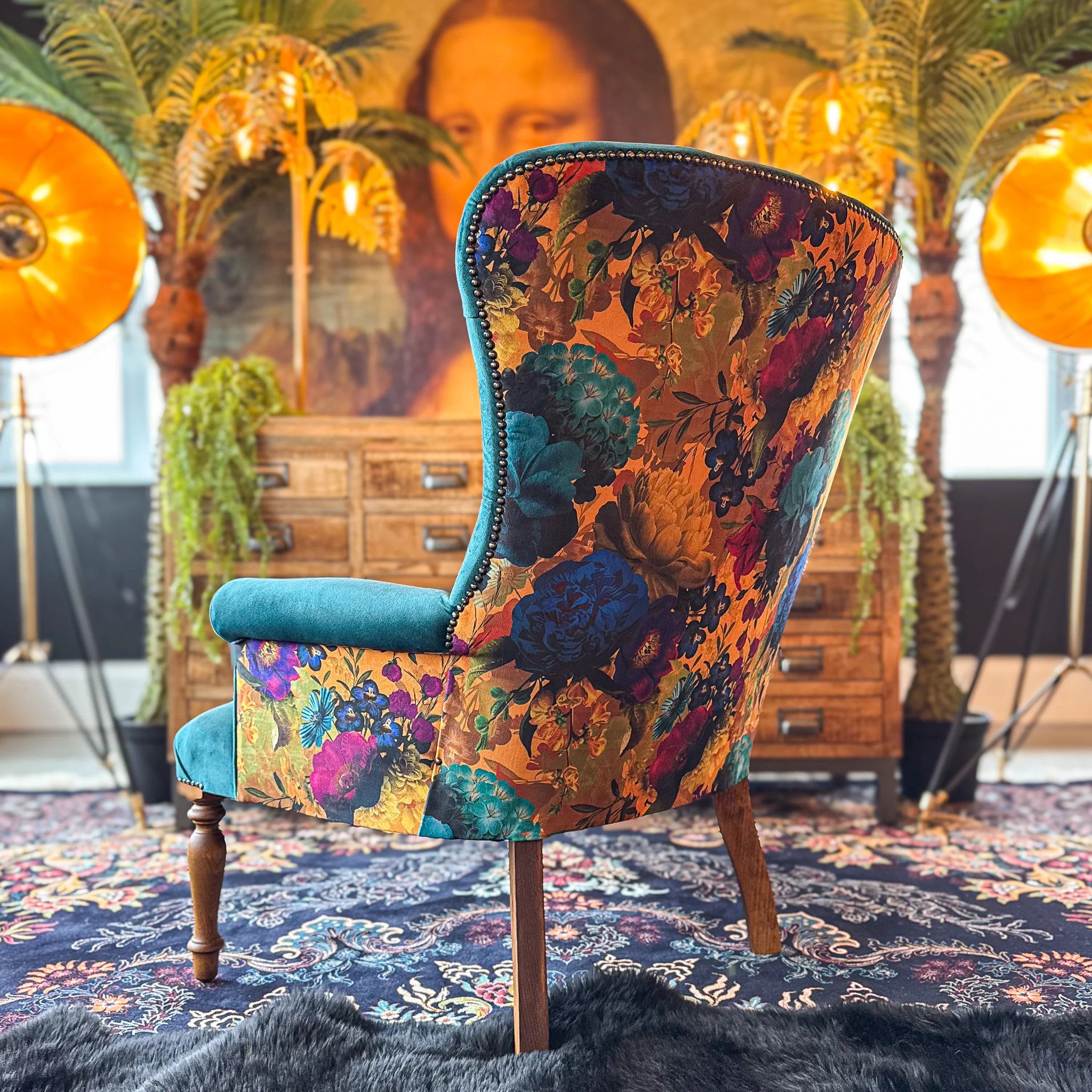 Selfridges Buttoned Wing Back Chair in Plush New Teal & Opal Flora - New - Image 5