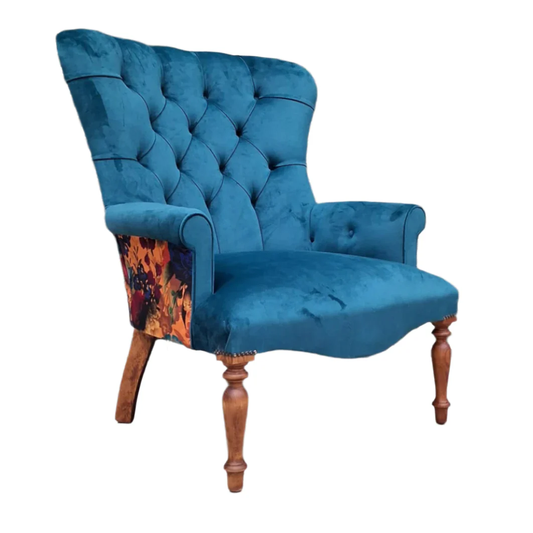 Selfridges Buttoned Wing Back Chair in Plush New Teal & Opal Flora - New - Image 6