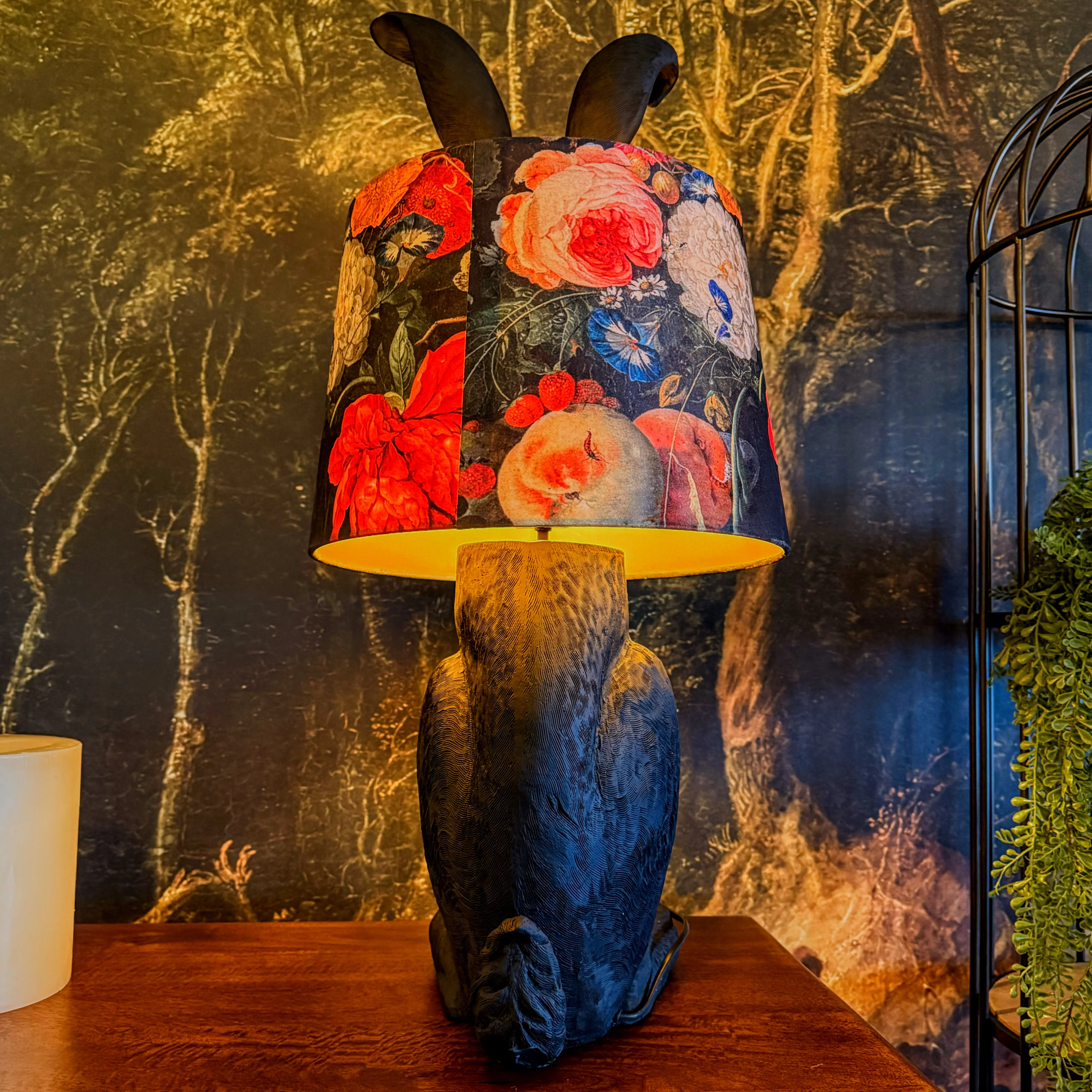 Table Lamp Black Rabbit Ears with Boho Floral Shade - Image 3