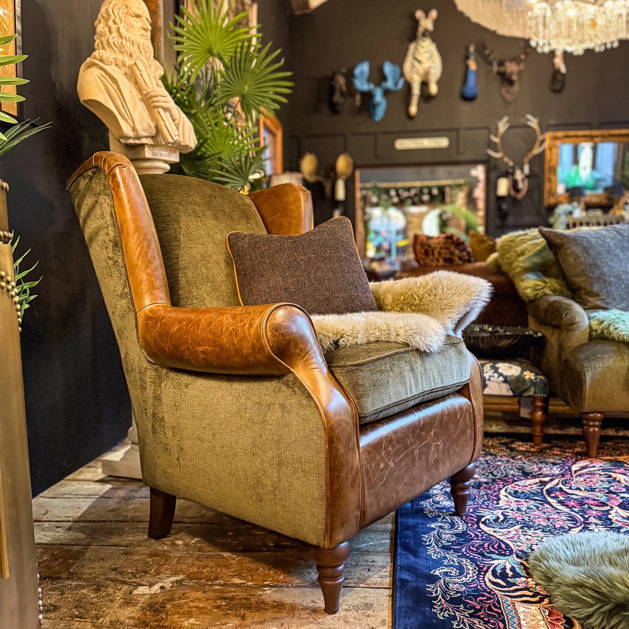Theodore Wing Chair in Saddle Tan & Derwent Olive Velvet - Clearance - Image 3