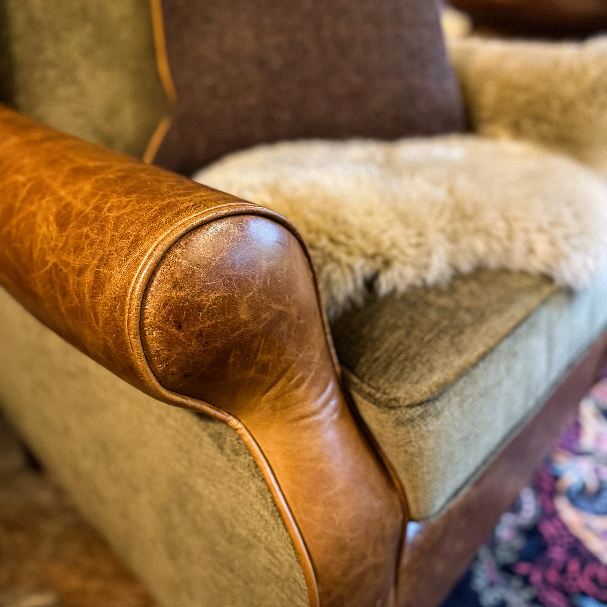 Theodore Wing Chair in Saddle Tan & Derwent Olive Velvet - Clearance - Image 4