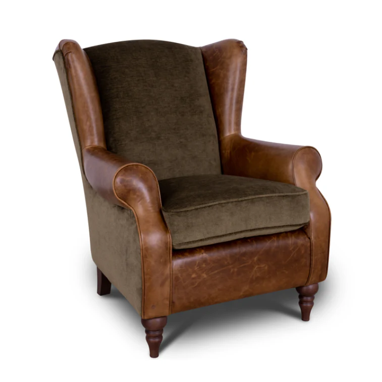 Theodore Wing Chair in Saddle Tan & Derwent Olive Velvet - Clearance - Image 6