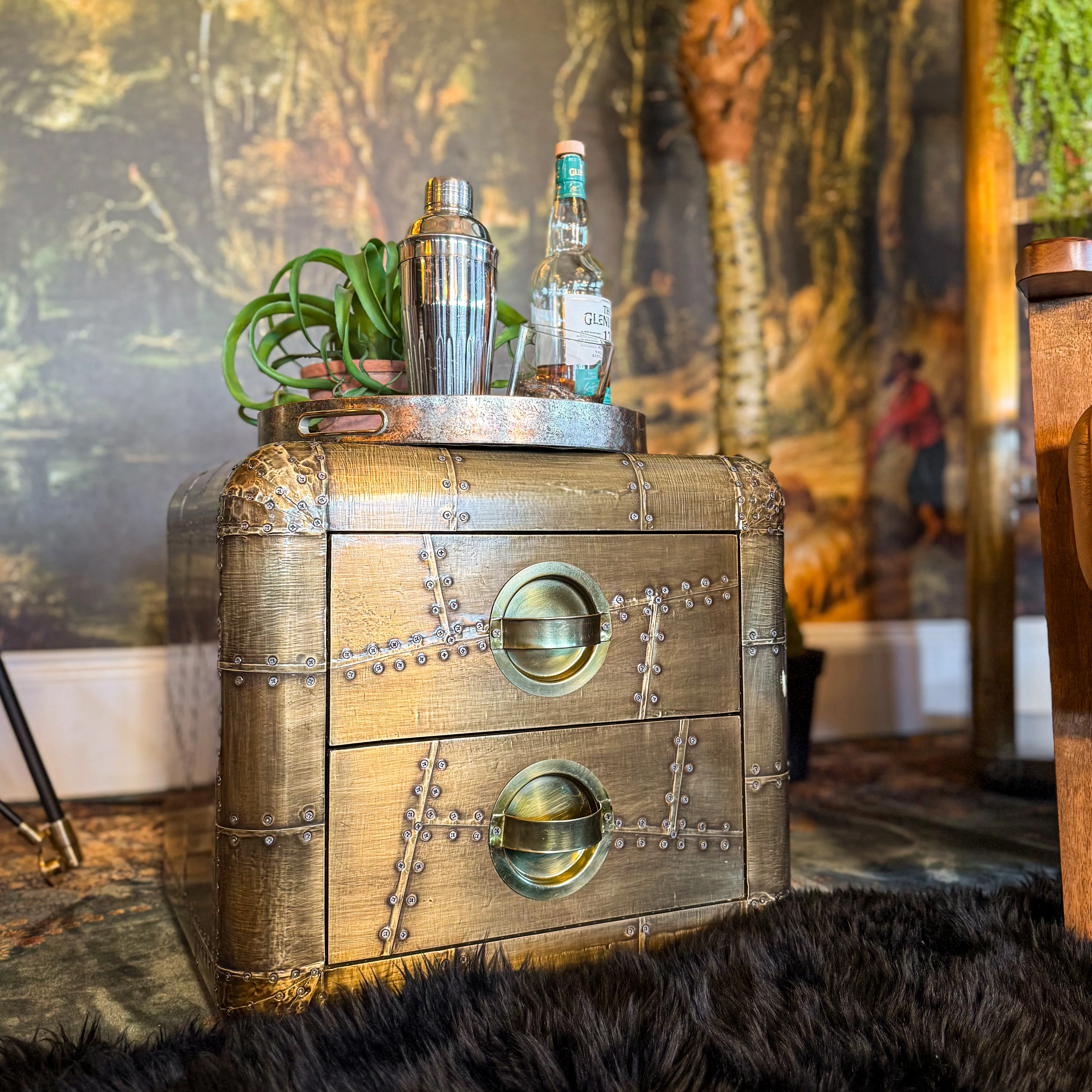 Timothy Aviator 2 Drawer Bedside Table with Antique Brass Finish - Image 4
