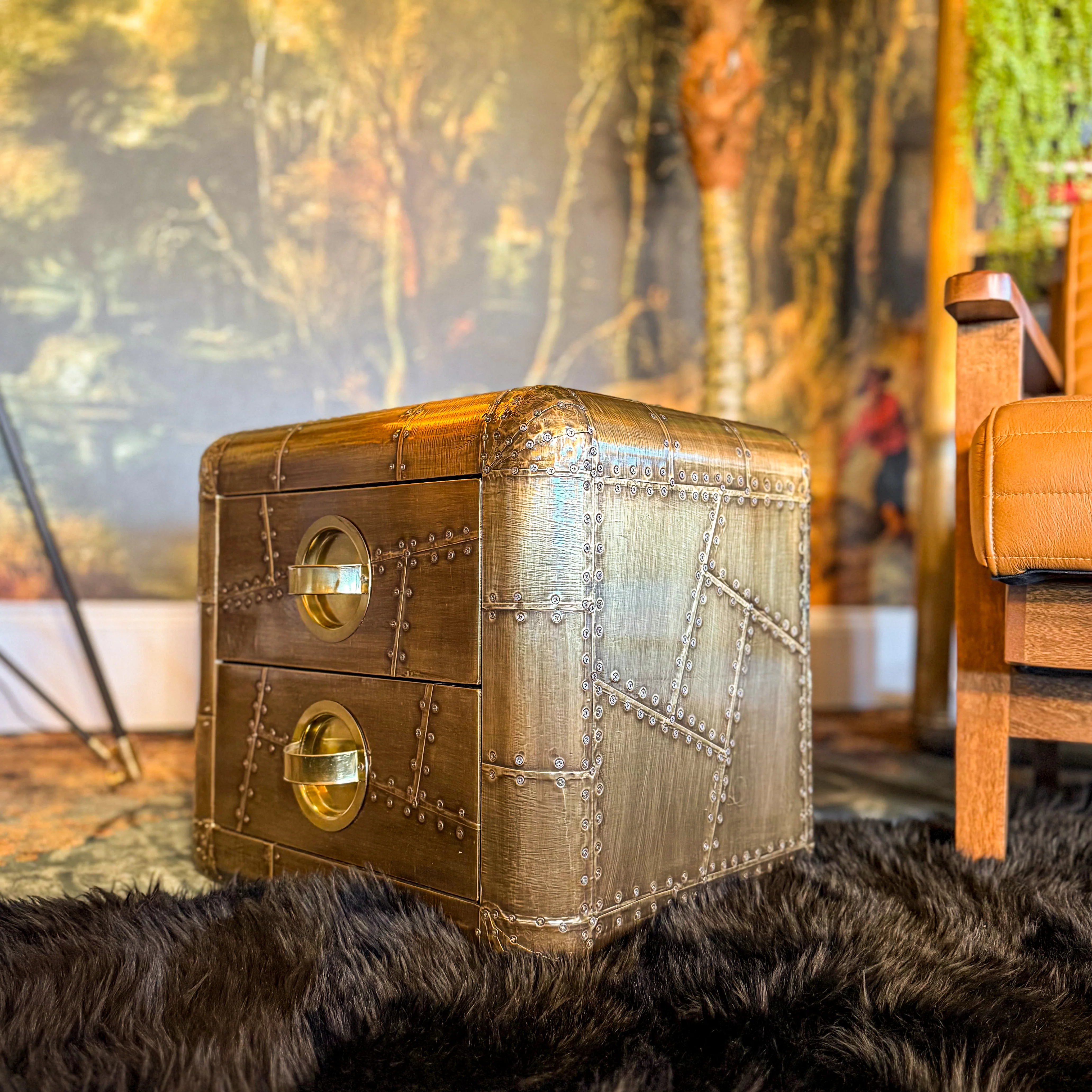 Timothy Aviator 2 Drawer Bedside Table with Antique Brass Finish - Image 6