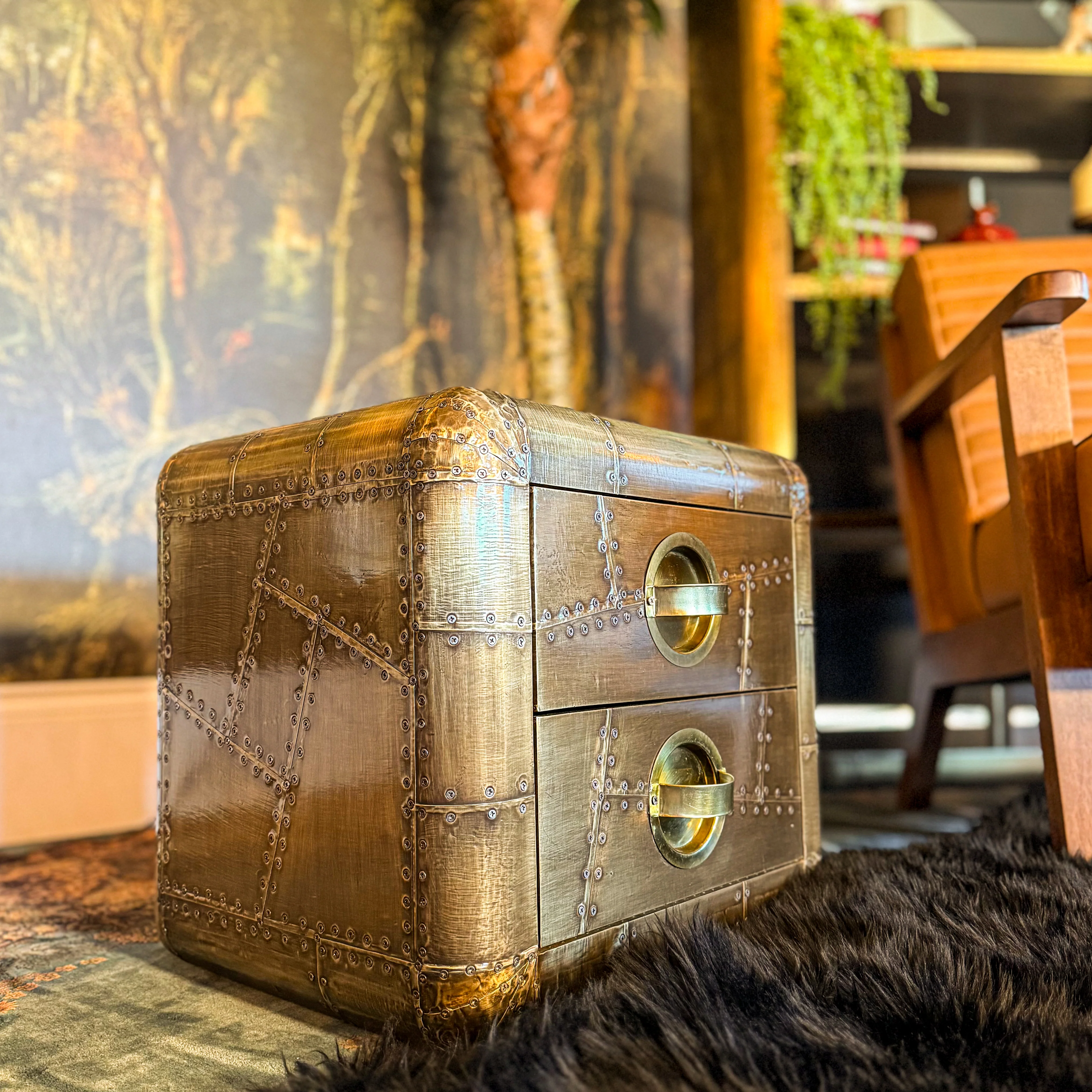 Timothy Aviator 2 Drawer Bedside Table with Antique Brass Finish - Image 7