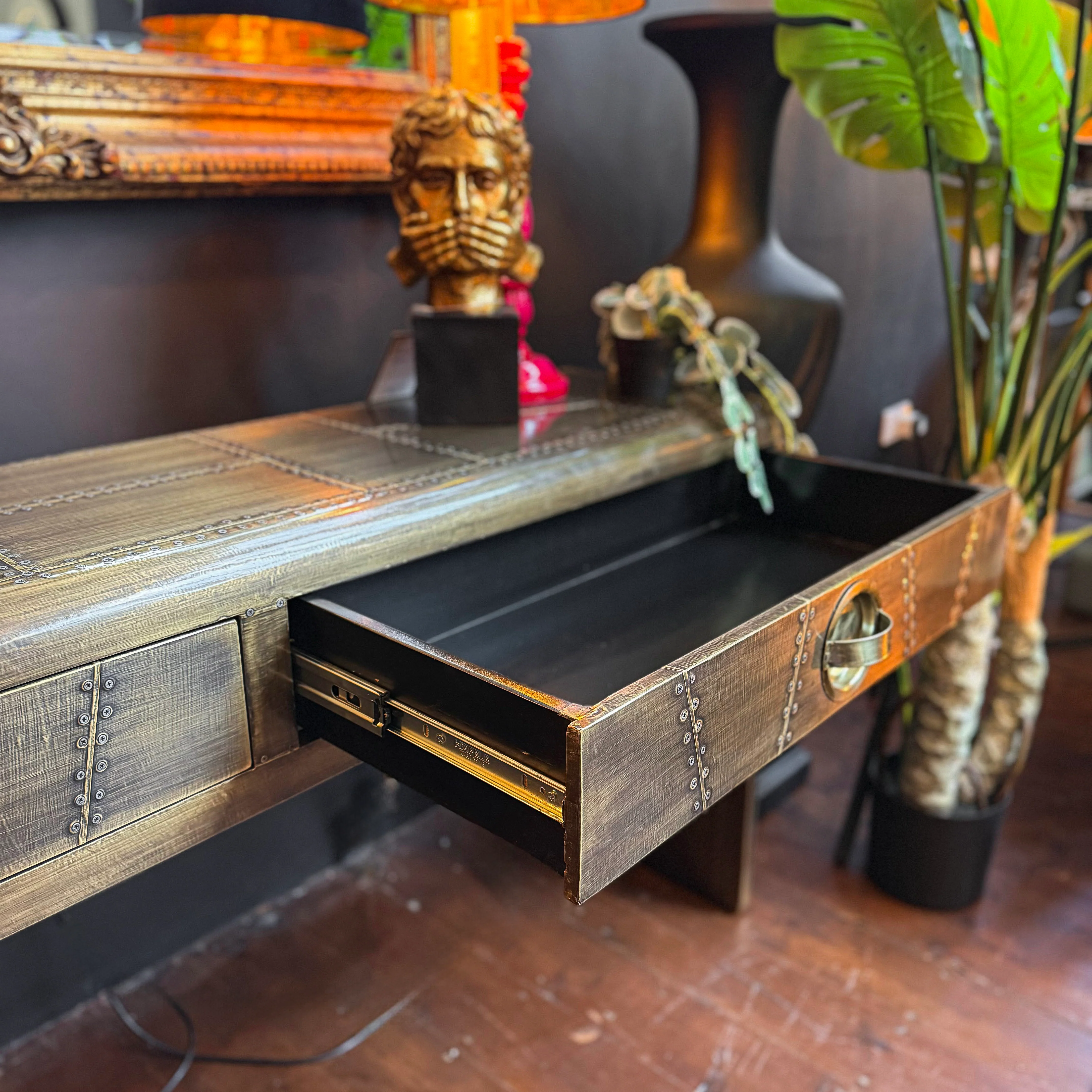 Timothy Aviator Two Drawer Console Table with Antique Brass Finish - New - Image 4